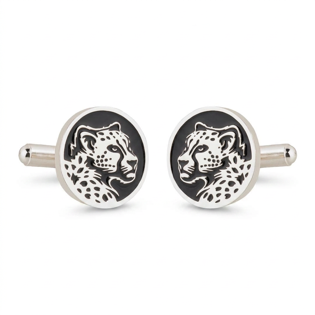 Marwar Leopard Black Enamel Silver Plated Cufflinks
