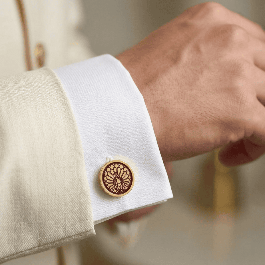 Majestic Indian Peacock Red Enamel Gold Plated Cufflinks