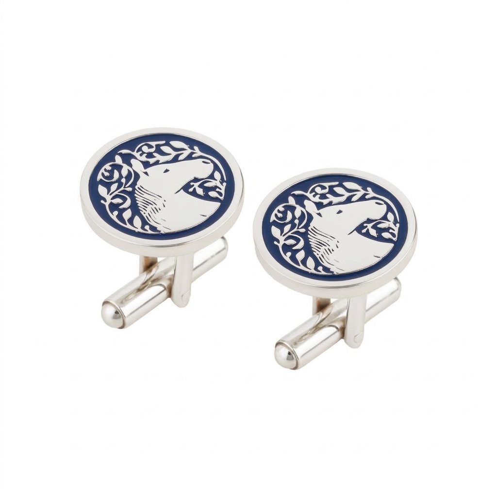 Royal Marwari Horse Blue Enamel Silver Plated Cufflinks