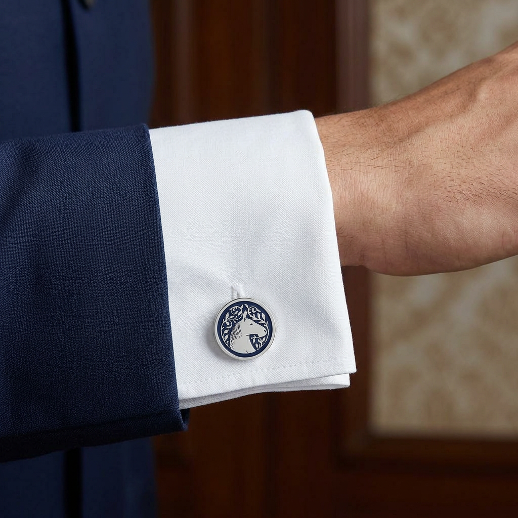 Royal Marwari Horse Blue Enamel Silver Plated Cufflinks