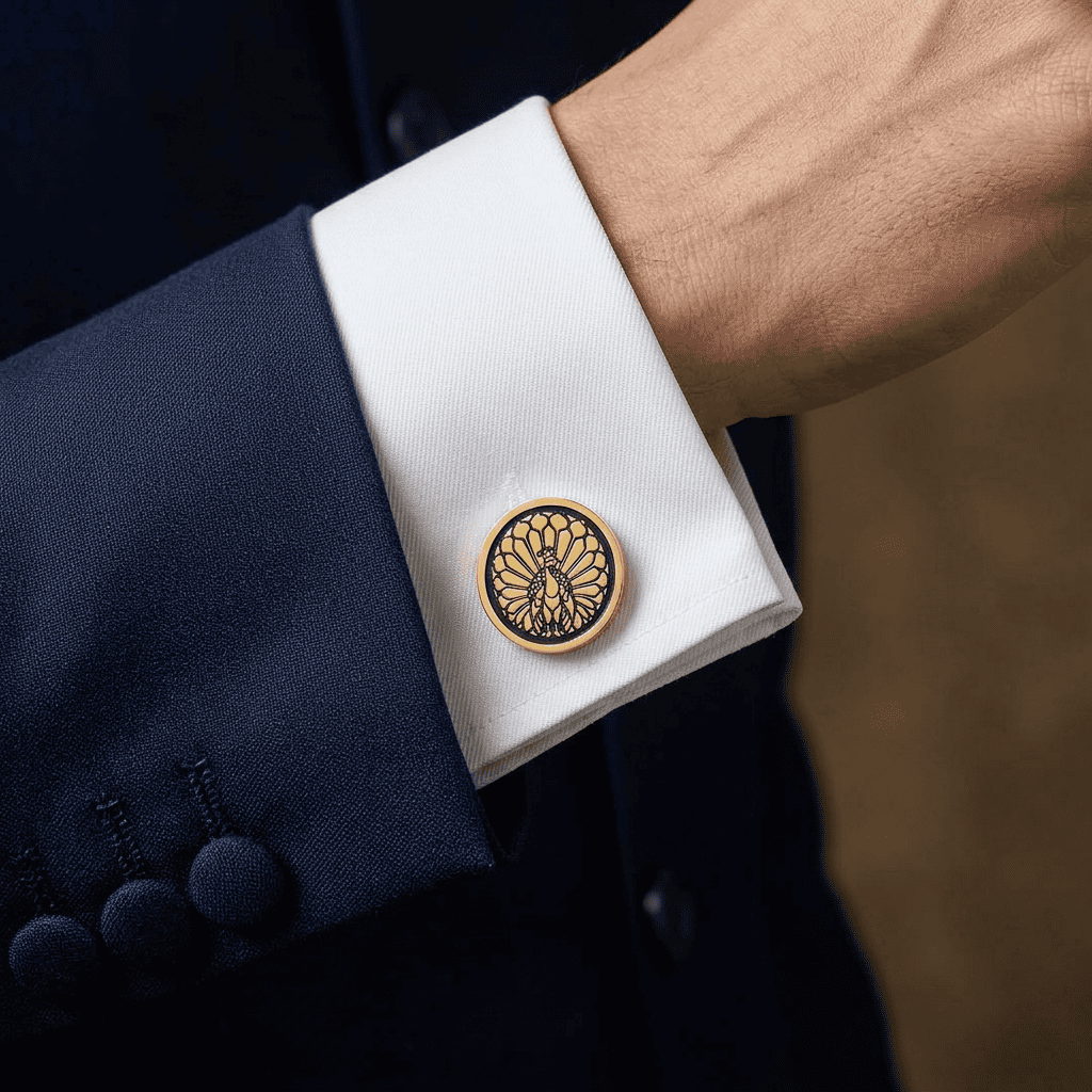 Majestic Indian Peacock Blue Enamel Gold Plated Cufflinks