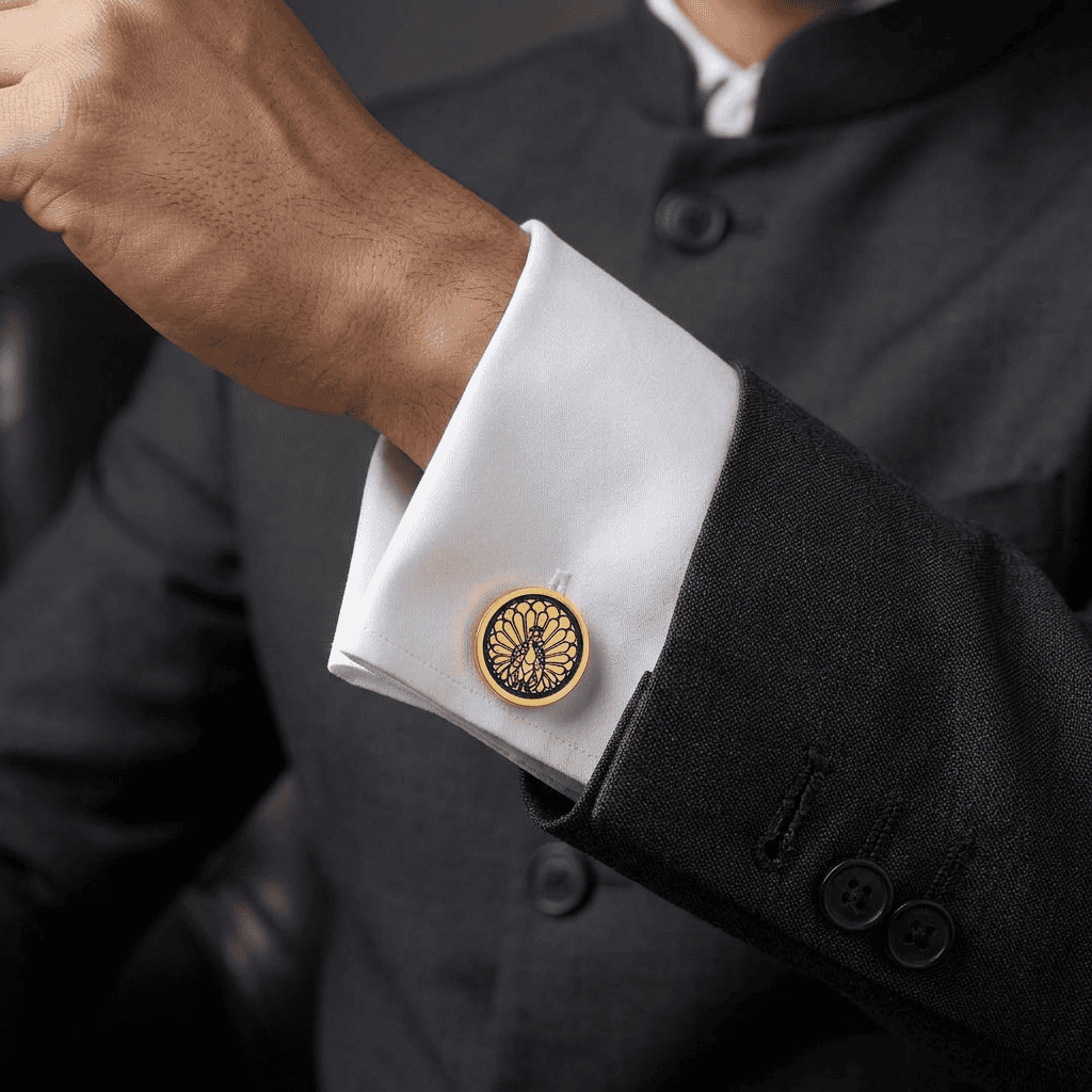 Majestic Indian Peacock Black Enamel Gold Plated Cufflinks