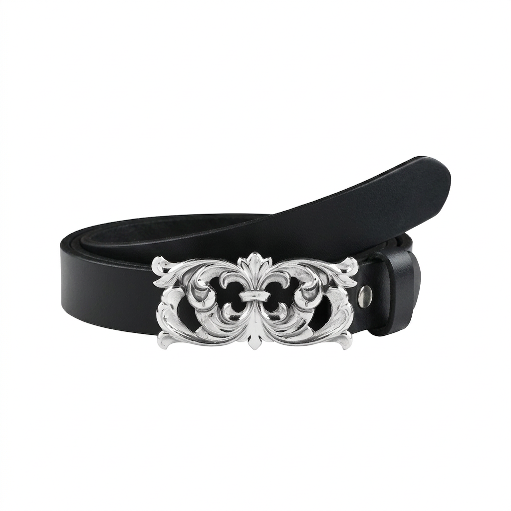 Handcarved Silver Plated Filigree Motif Buckle with Slim leather Belt