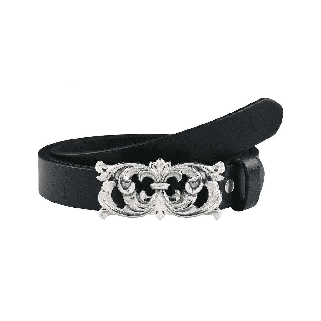 Handcarved Silver Plated Filigree Motif Buckle with Slim leather Belt
