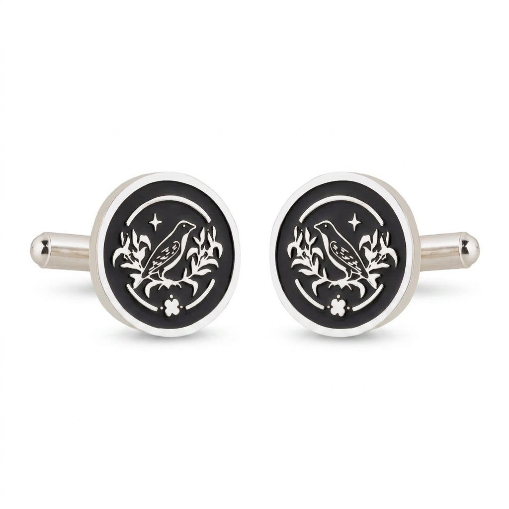 Sparrow Lush Flora Black Enamel Silver Plated Cufflinks