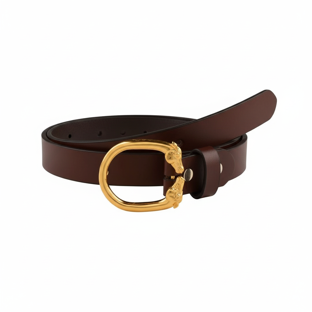 Vintage Leather Belt with Dual Horse Head Oval Gold Plated Buckle