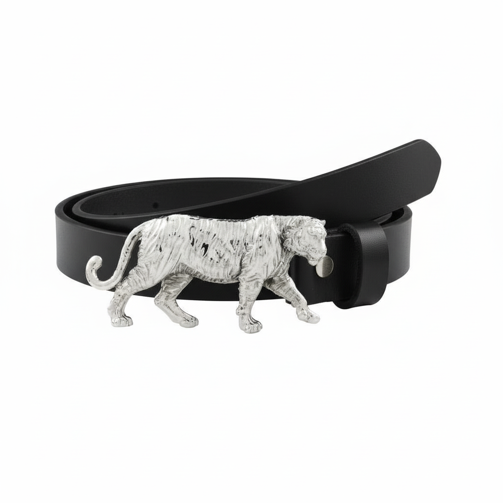 Handcrafted Tiger Motif Silver Plated Leather Belt