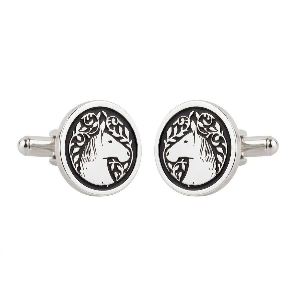 Royal Marwari Horse Black Enamel Silver Plated Cufflinks