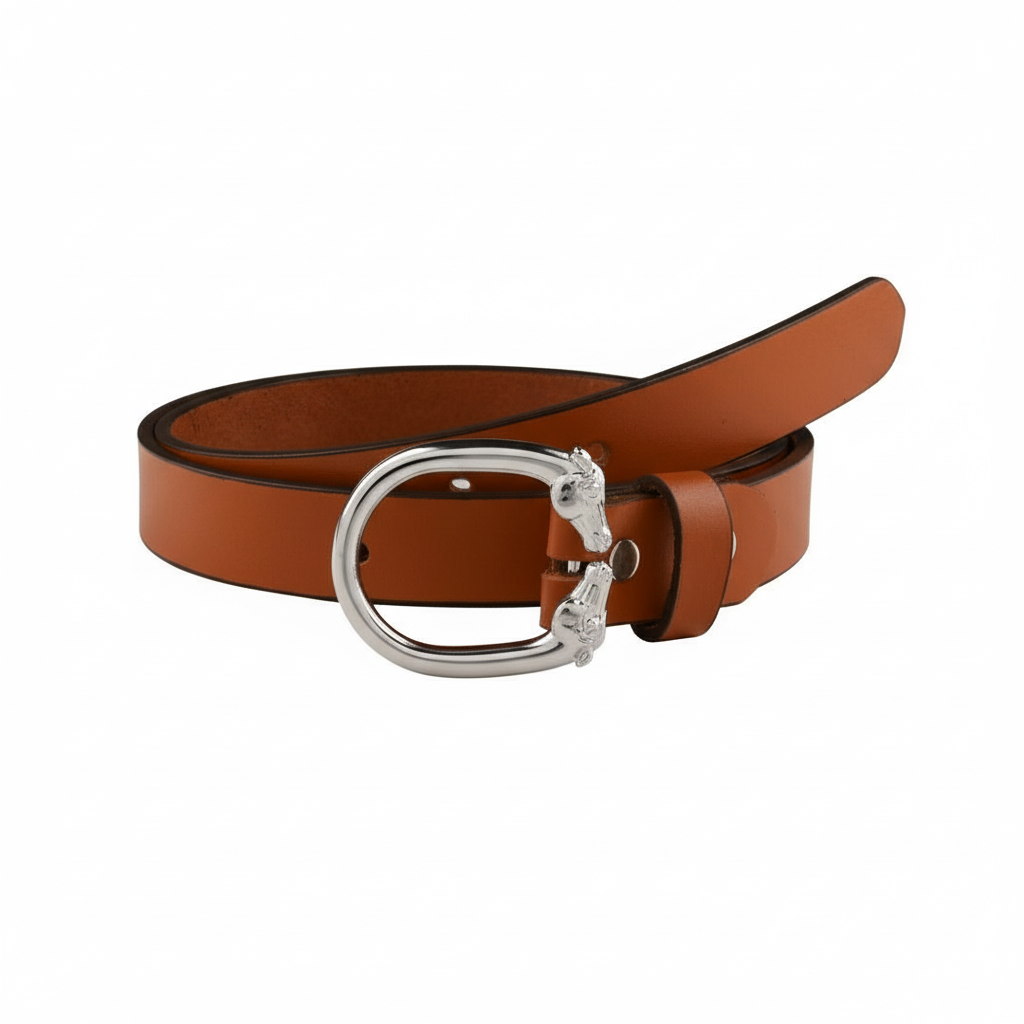 Vintage Leather Belt with Dual Horse Head Oval Silver Plated Buckle