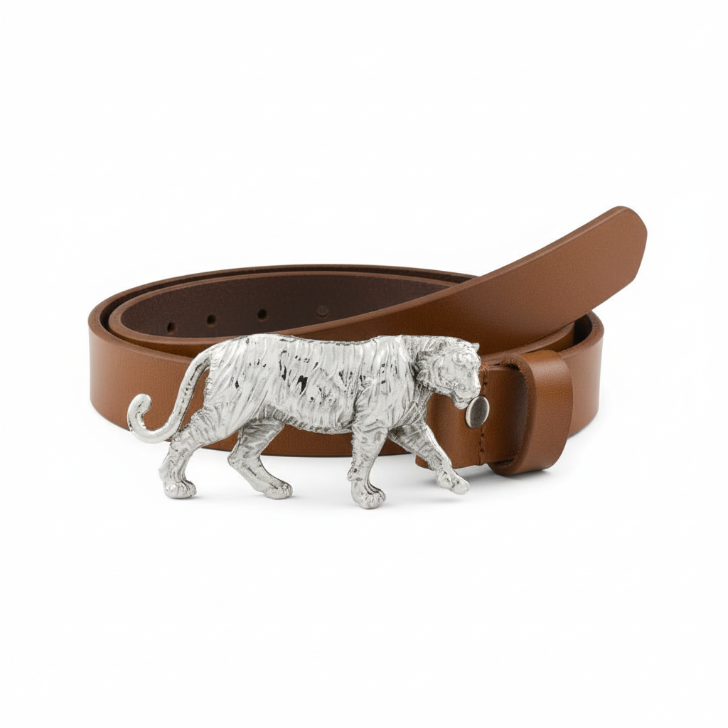Handcrafted Tiger Motif Silver Plated Leather Belt