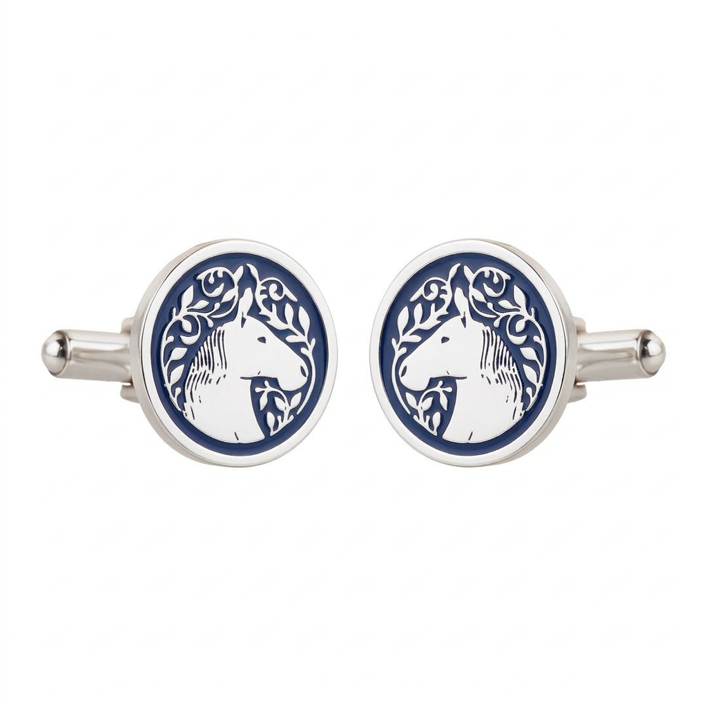 Royal Marwari Horse Blue Enamel Silver Plated Cufflinks