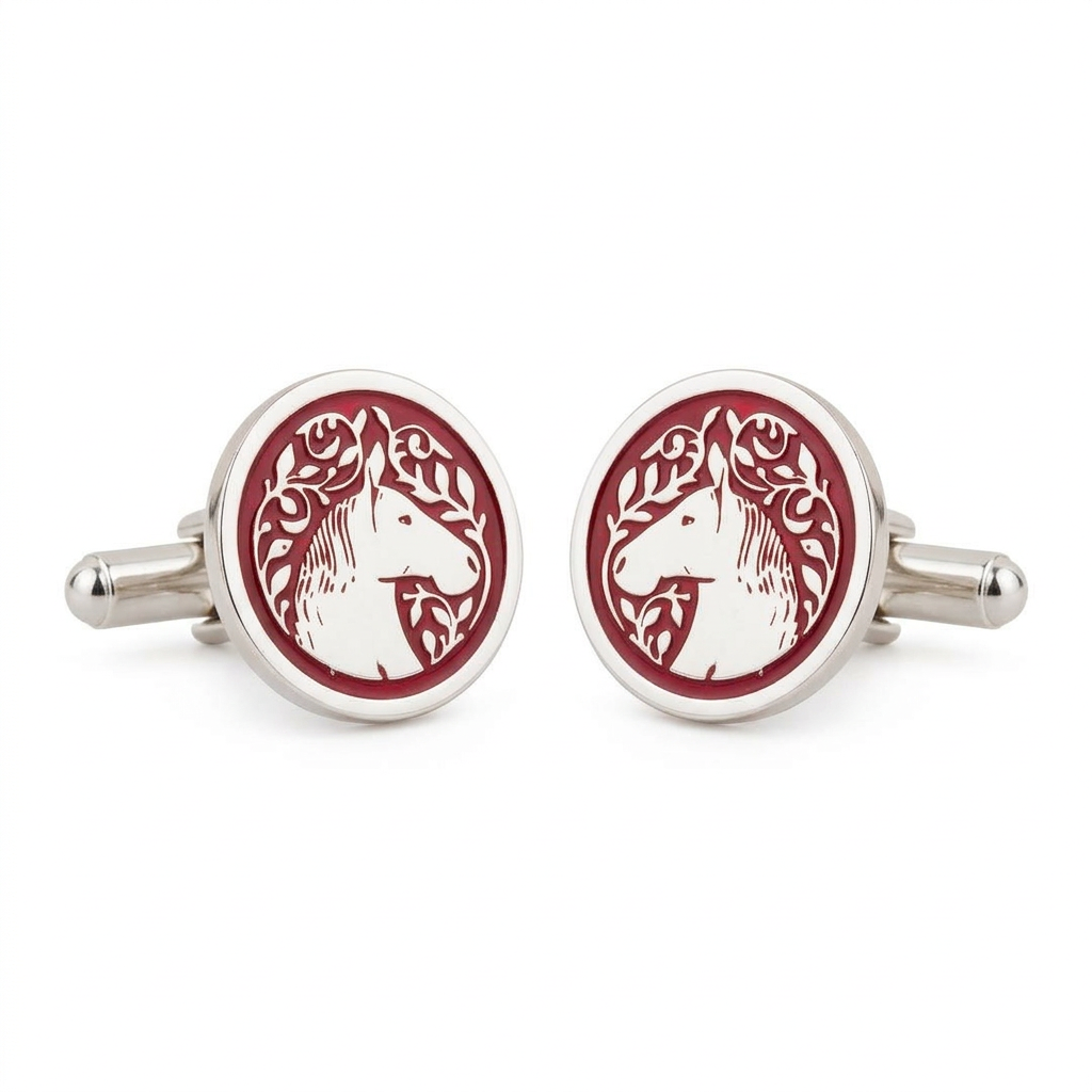 Royal Marwari Horse Red Enamel Silver Plated Cufflinks