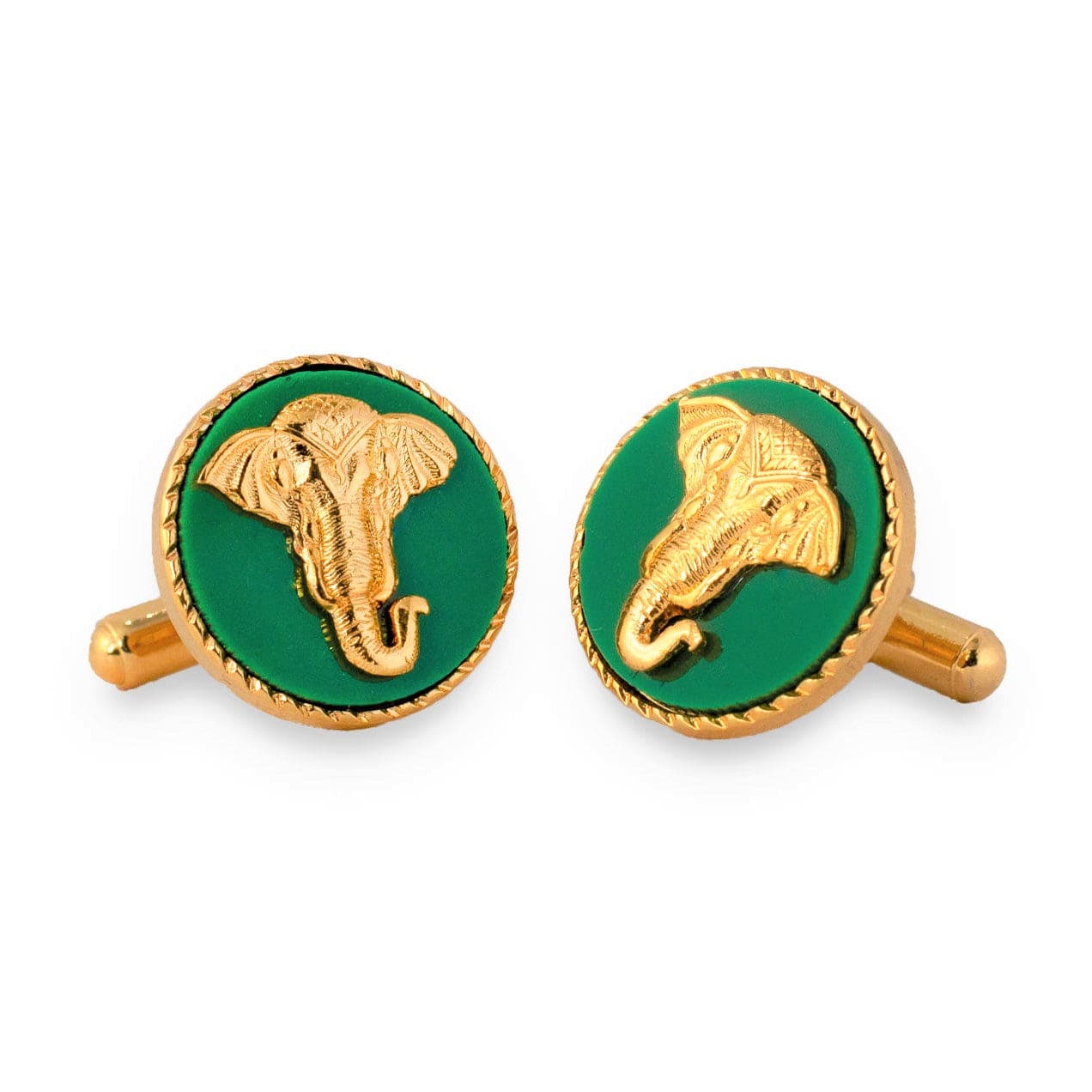 Handcrafted Elephant Gold Plated Cufflinks (Green) | Green Cufflinks For Men | JRT Handicrafts