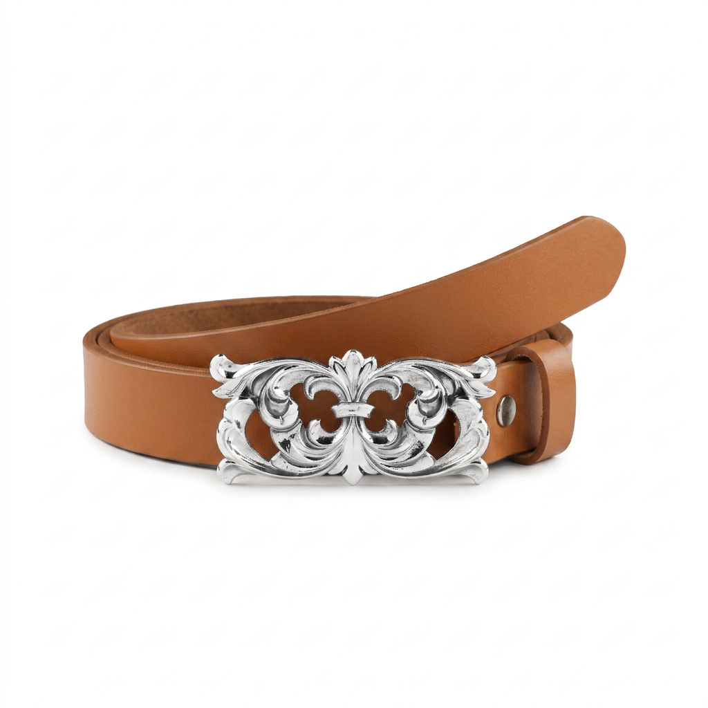 Handcarved Silver Plated Filigree Motif Buckle with Slim leather Belt