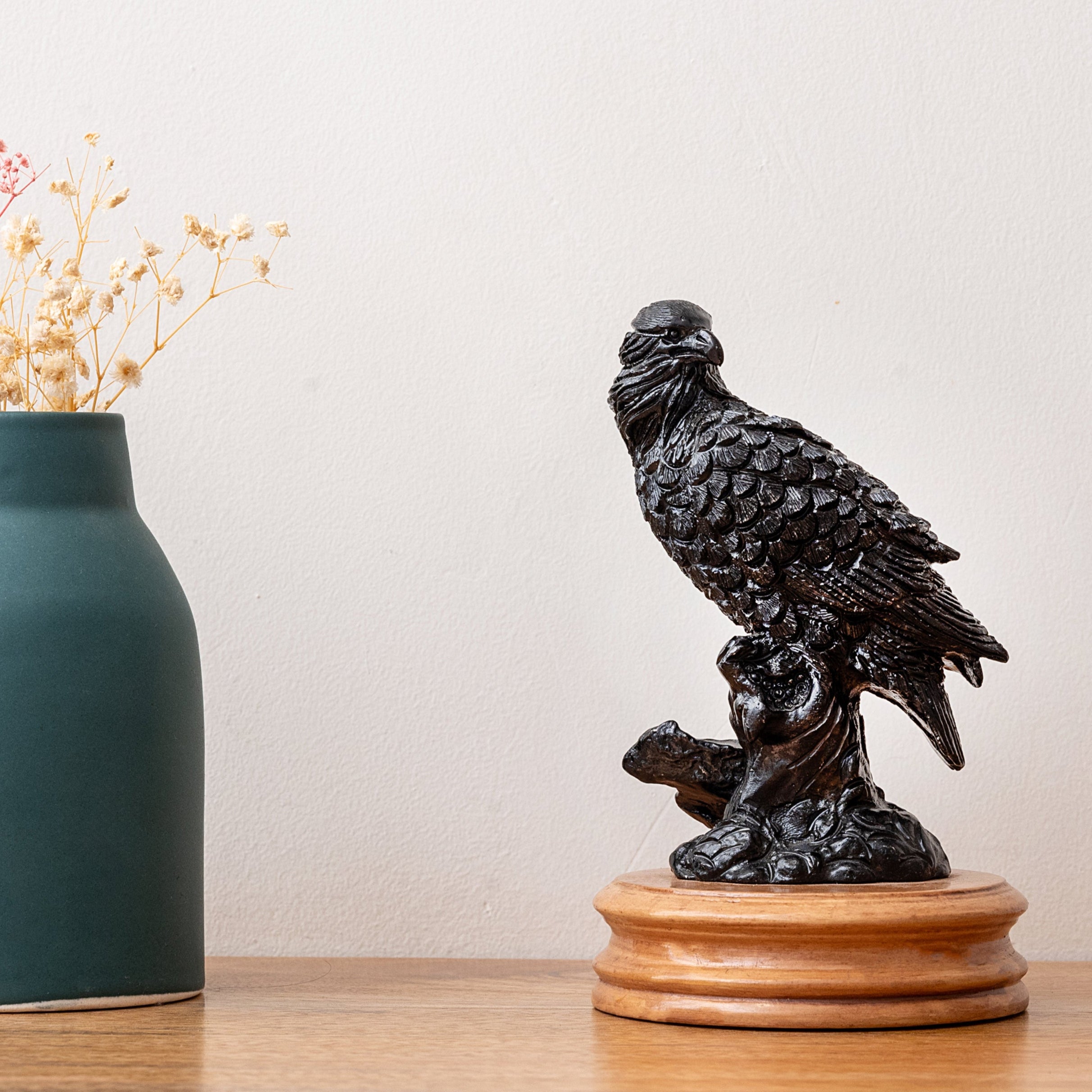 Black-Coated Aluminum Eagle Statue with Teak Wood Base