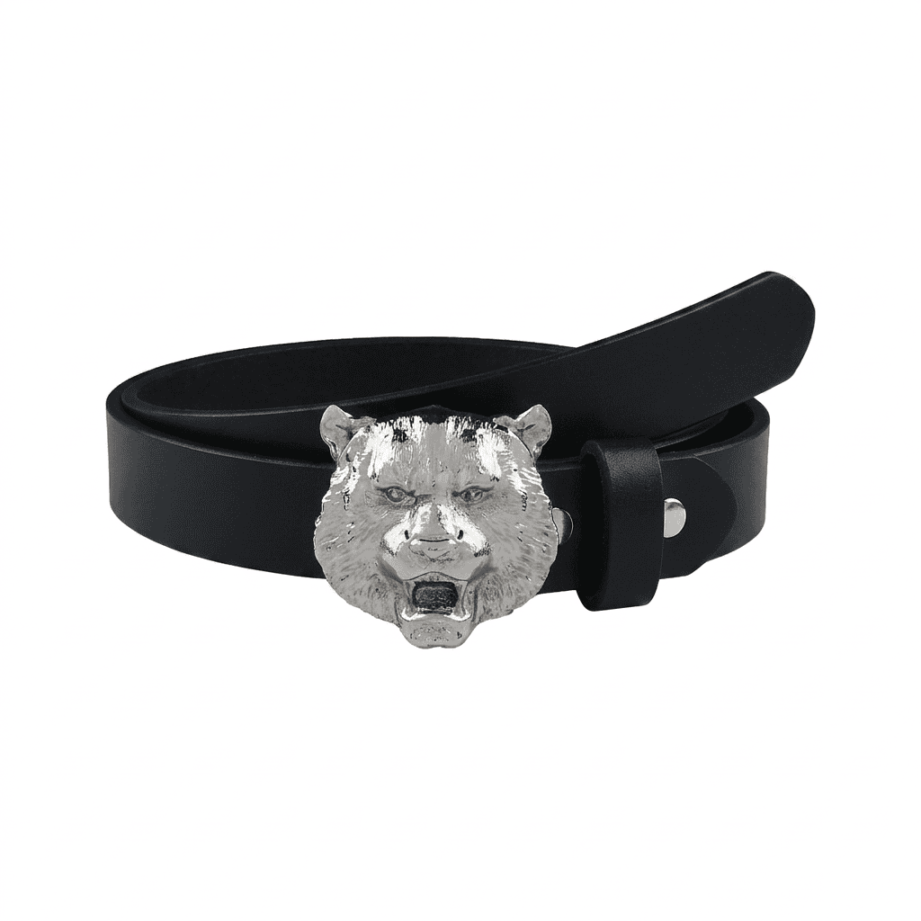Handcrafted Leather Belt With Silver Plated Leopard Head Buckle