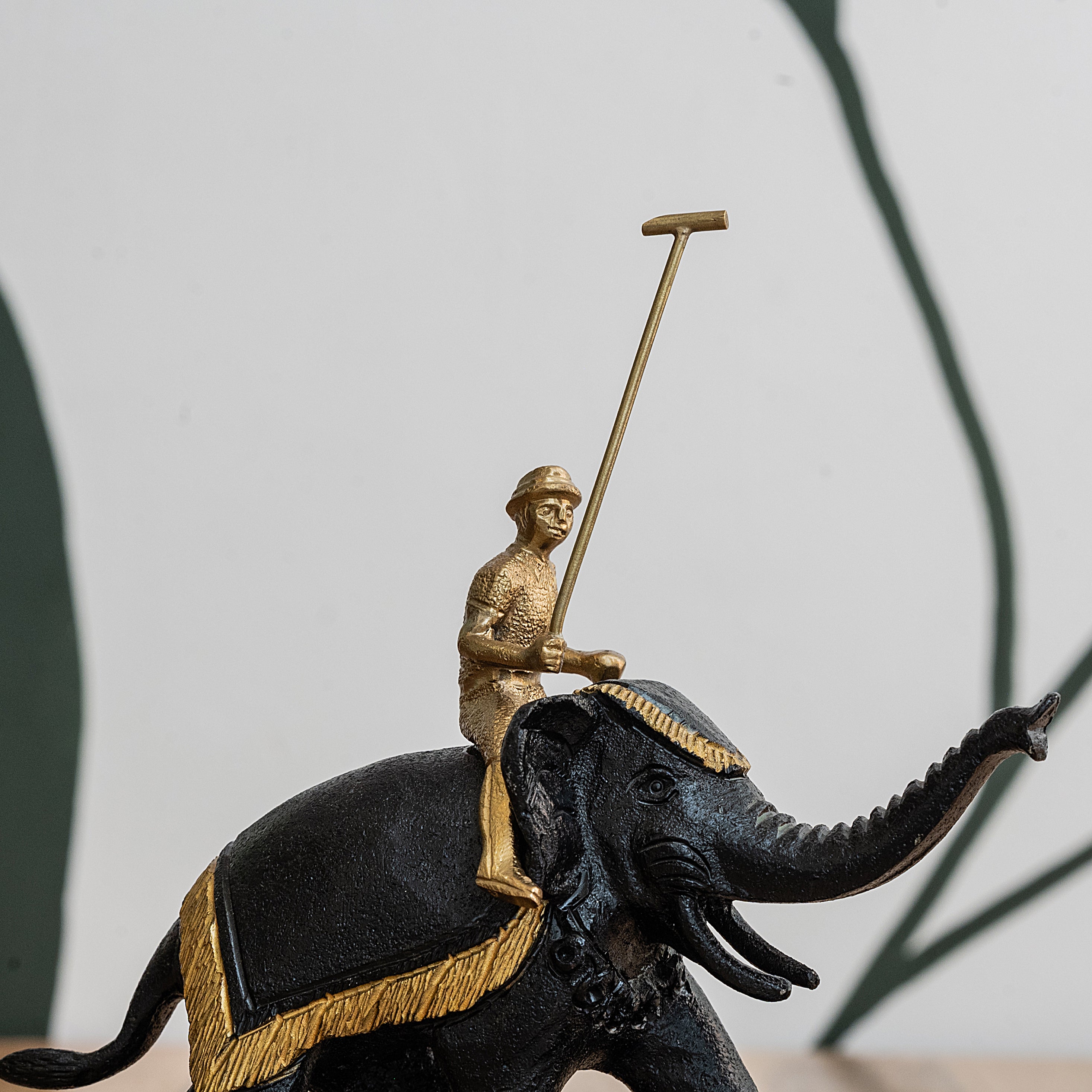 Black Elephant Polo Player Figurine with Wooden Base