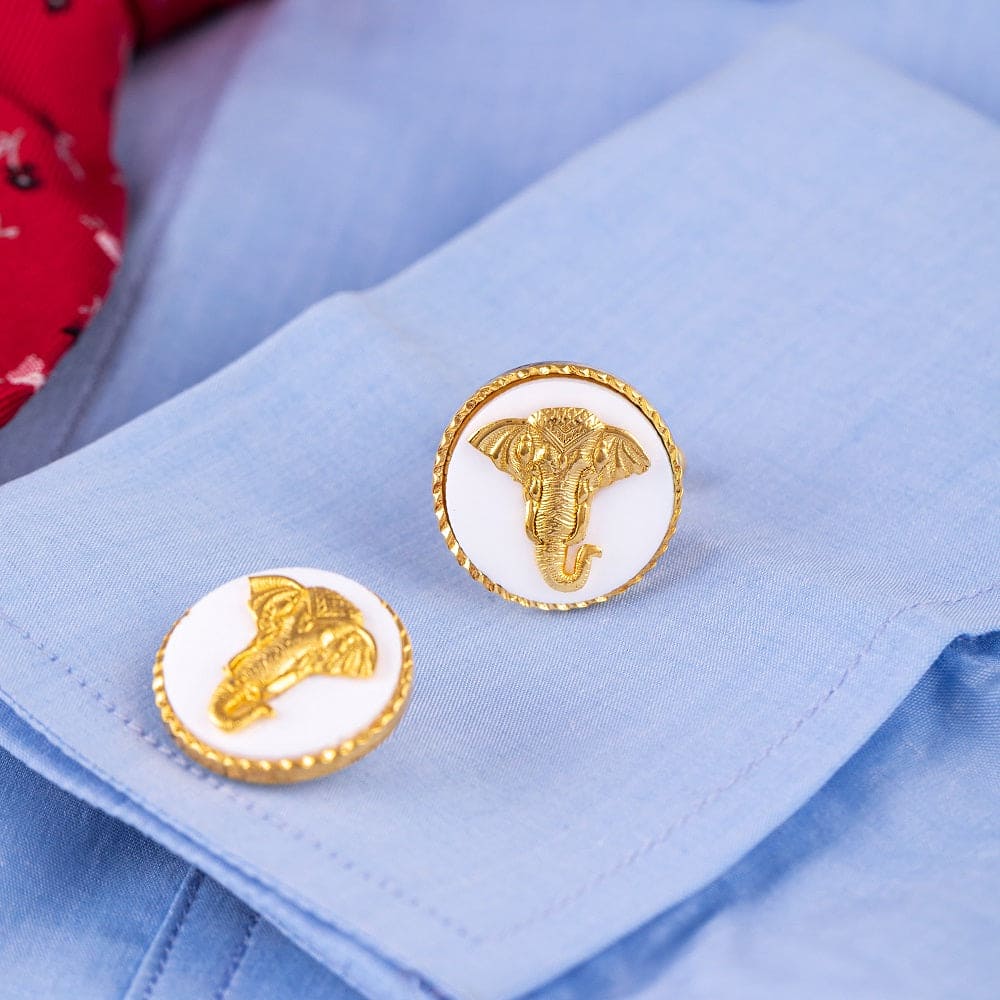 Handcrafted Elephant Gold Plated White Cufflinks For Men | JRT Handicrafts