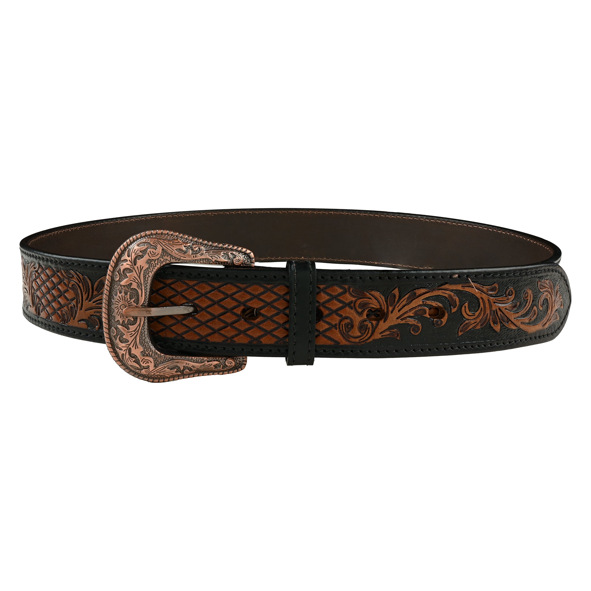 Women's Braided Black Leather Belt Copper Handcrafted Filigree Buckle