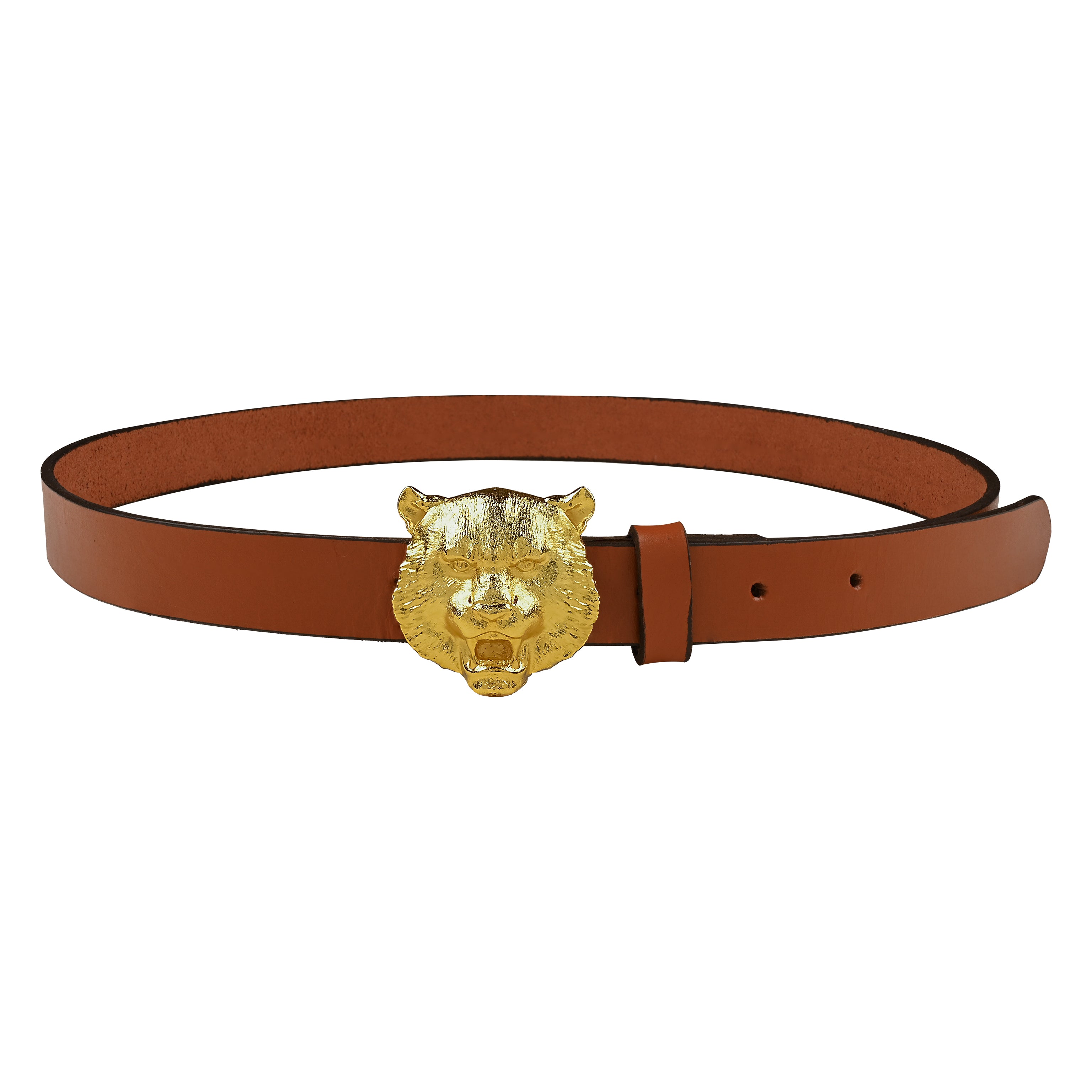 Handcrafted Leather Belt With Gold Plated Leopard Head Buckle