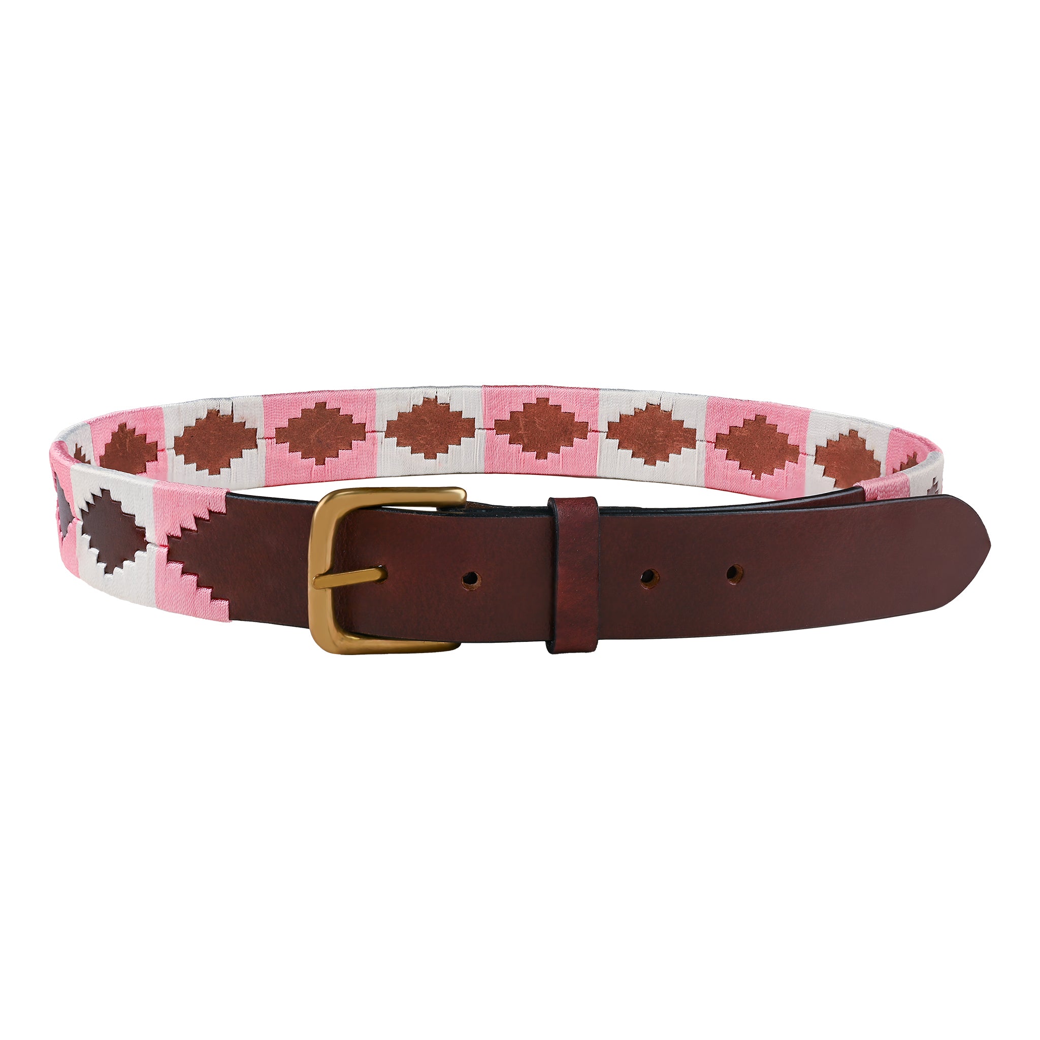 Handcrafted Argentinian Polo Woven Belt Pink Brown Diamond Pattern Brass