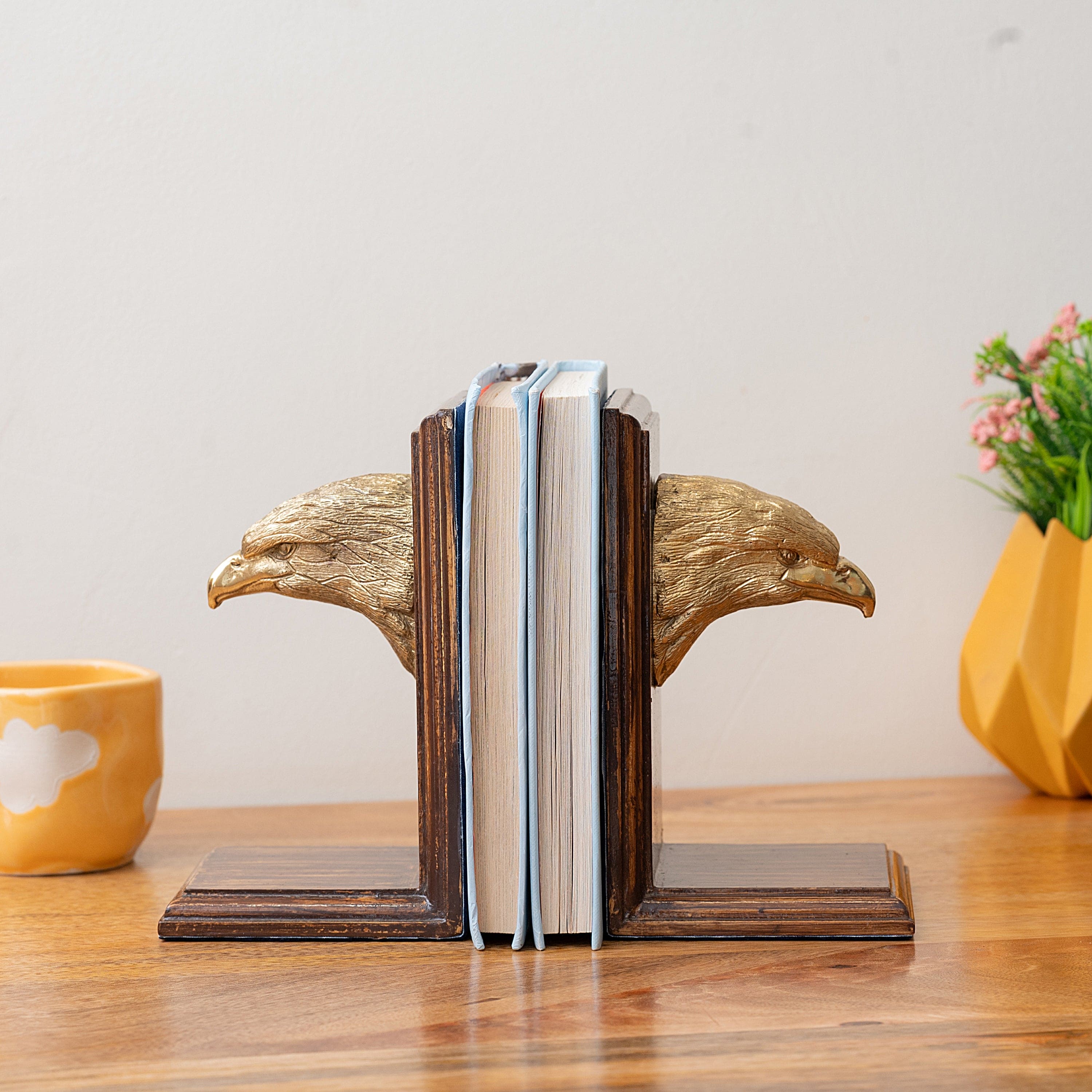 Brass Eagle Head Bookends with Wooden Base – Decorative Book Holder Set