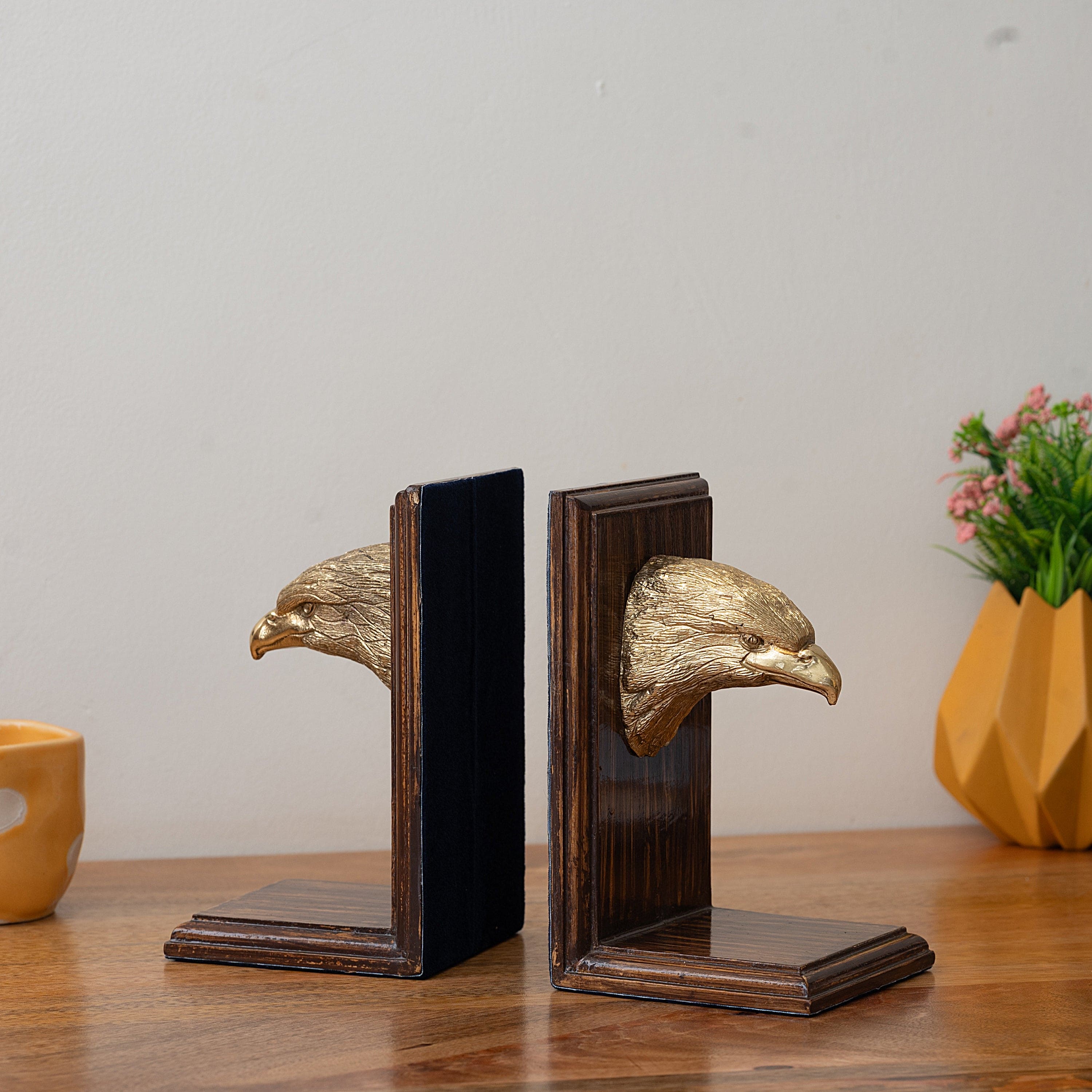 Brass Eagle Head Bookends with Wooden Base – Decorative Book Holder Set