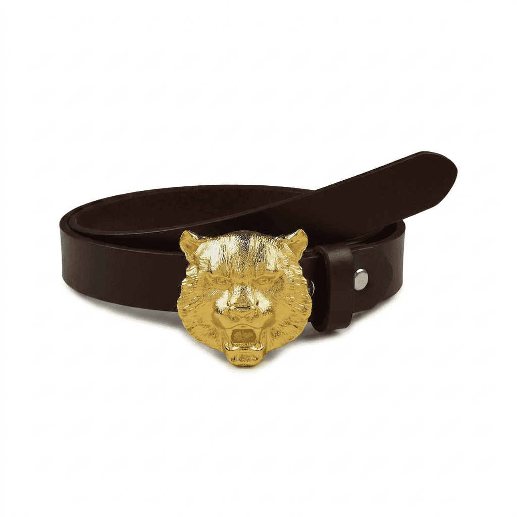 Handcrafted Leather Belt With Gold Plated Leopard Head Buckle