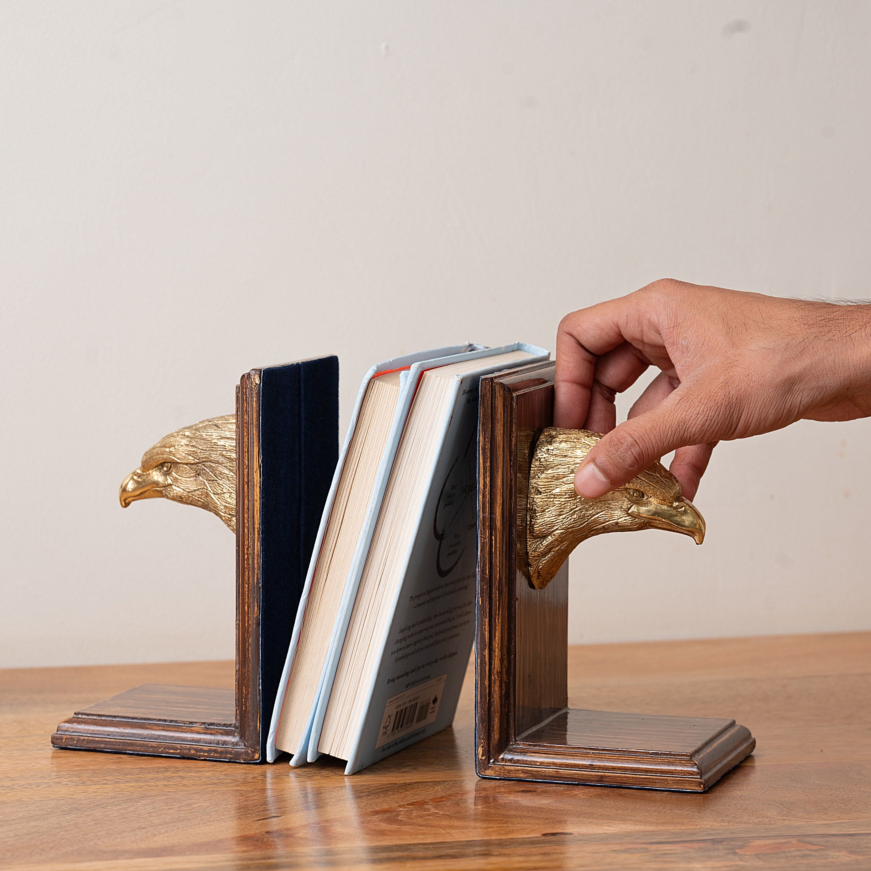 Brass Eagle Head Bookends with Wooden Base – Decorative Book Holder Set