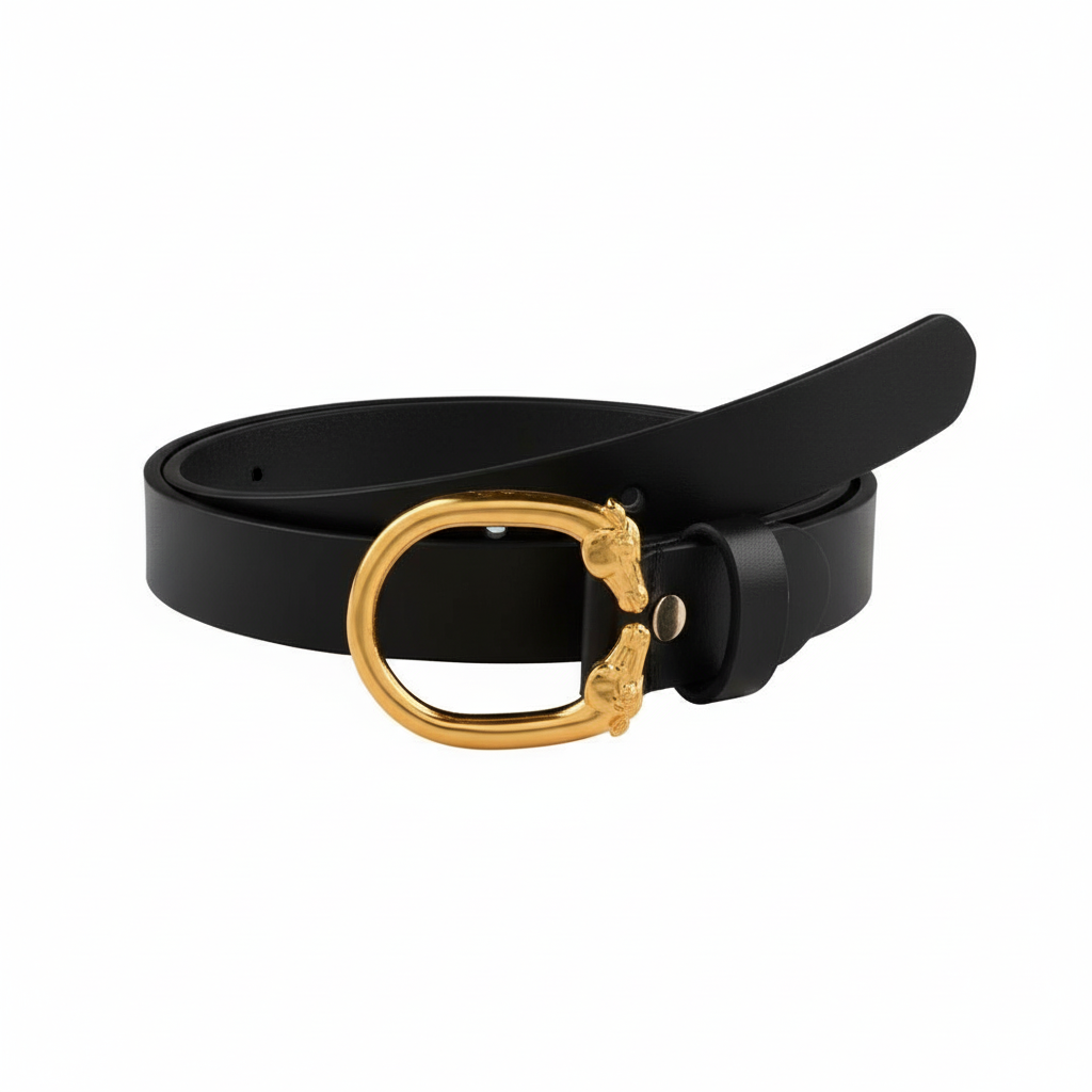 Vintage Leather Belt with Dual Horse Head Oval Gold Plated Buckle