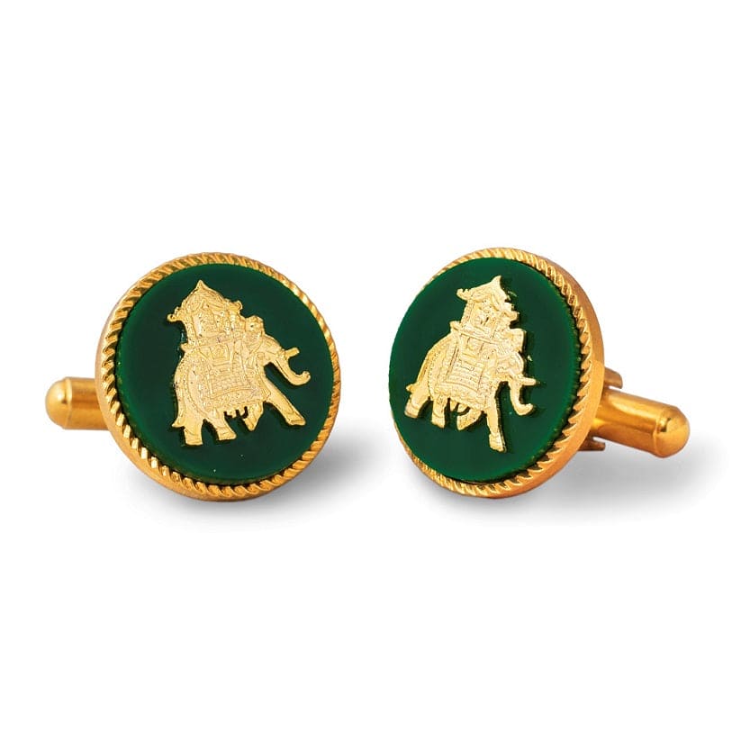 Handcrafted Elephant Howdah Gold Plated Cufflinks (Green) | JRT Handicrafts