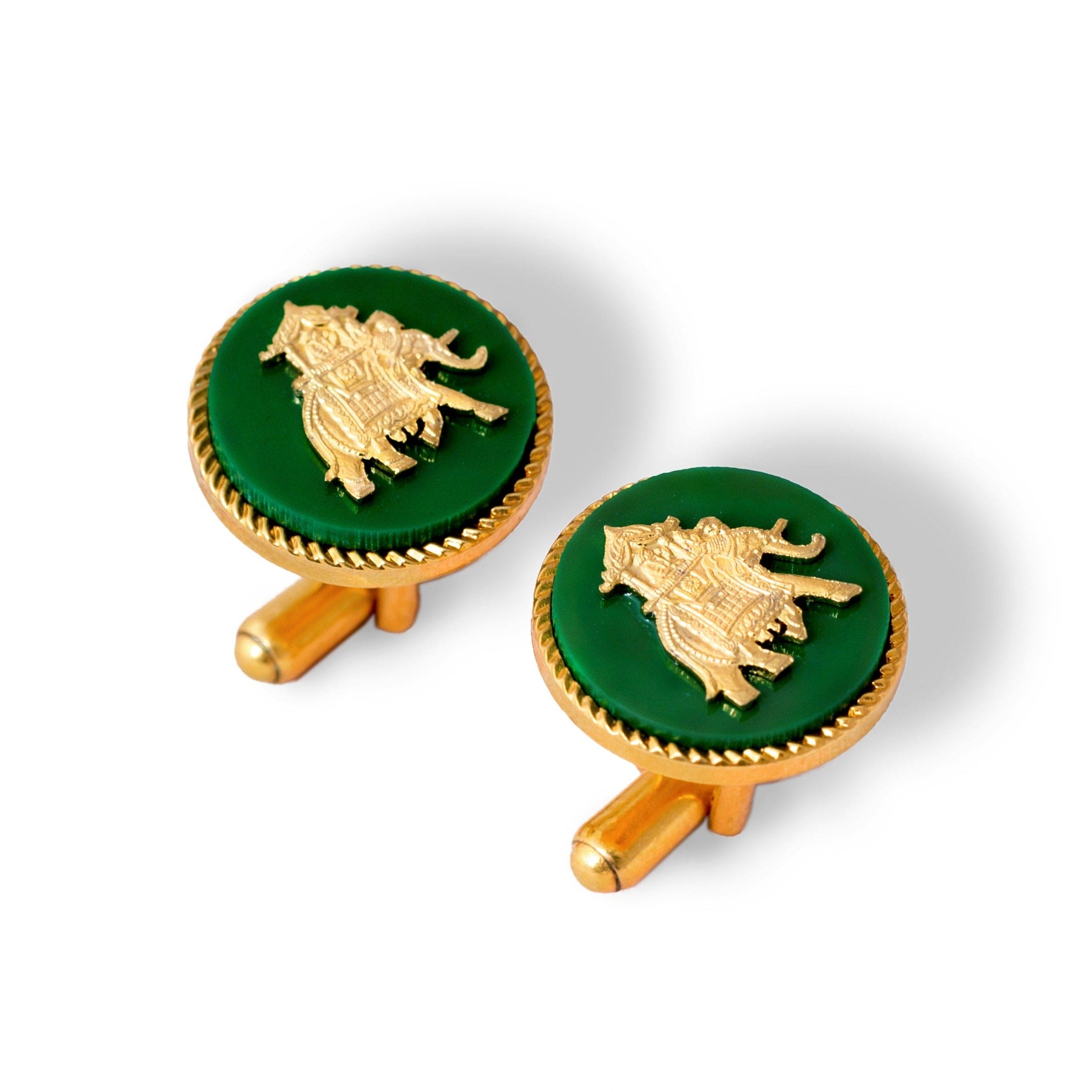 Premium Elephant Howdah Gold Plated Cufflinks For Men | Green Cufflinks Gift Set | JRT Handicrafts