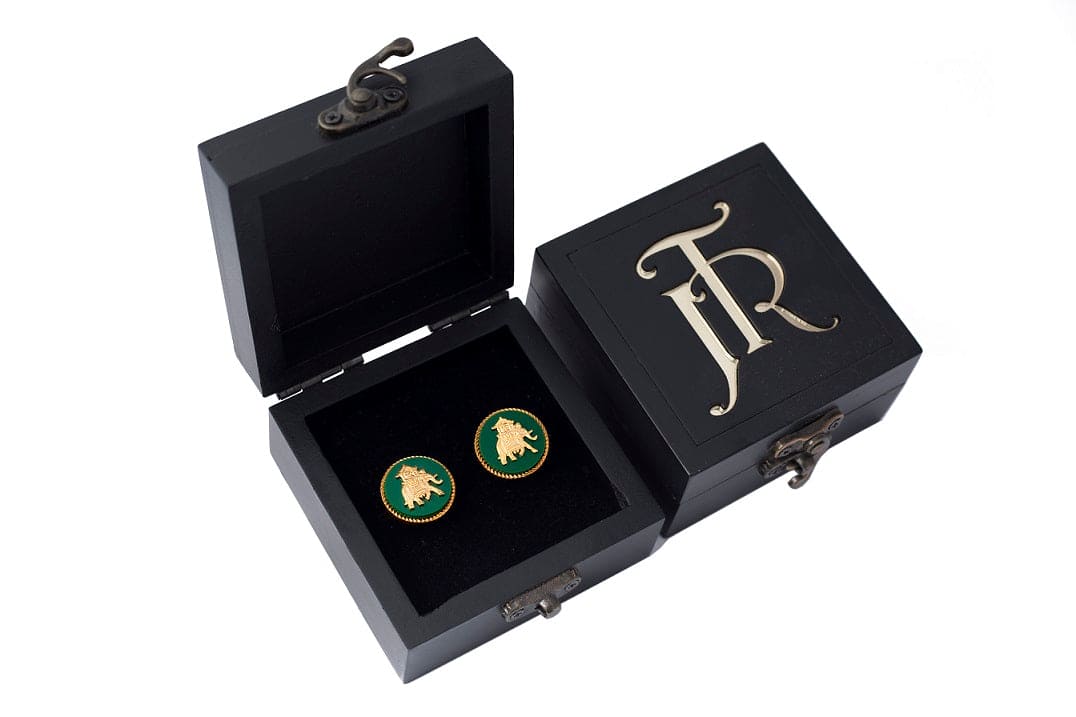 Luxurious Elephant Howdah Gold Plated Cufflinks (Green) | Green Cufflinks For Blazer & Coat | JRT Handicrafts