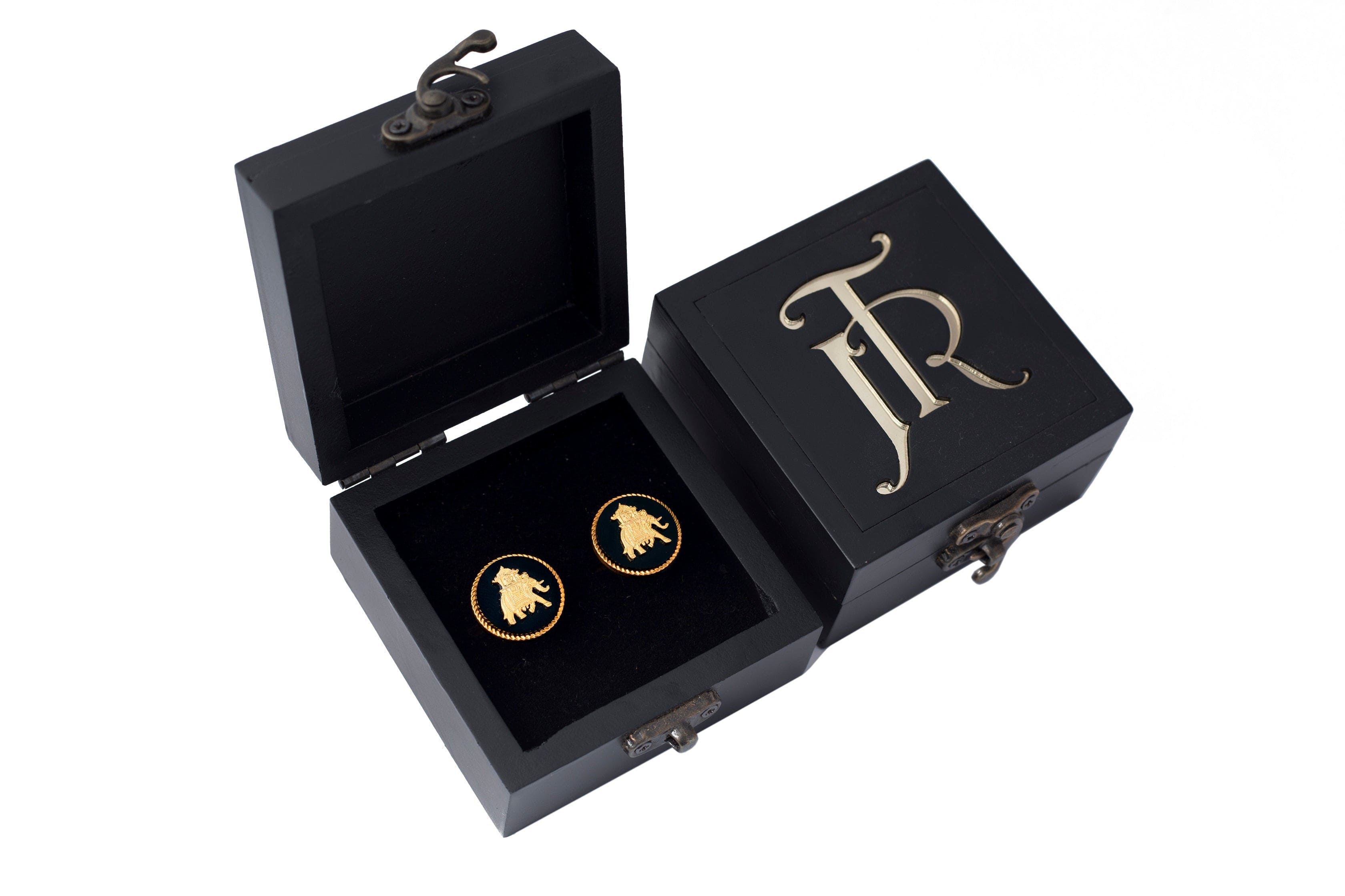 Handcrafted Elephant Cufflinks Gift Set | Elephant Howdah Gold Plated Cufflinks (Black) | JRT Handicrafts