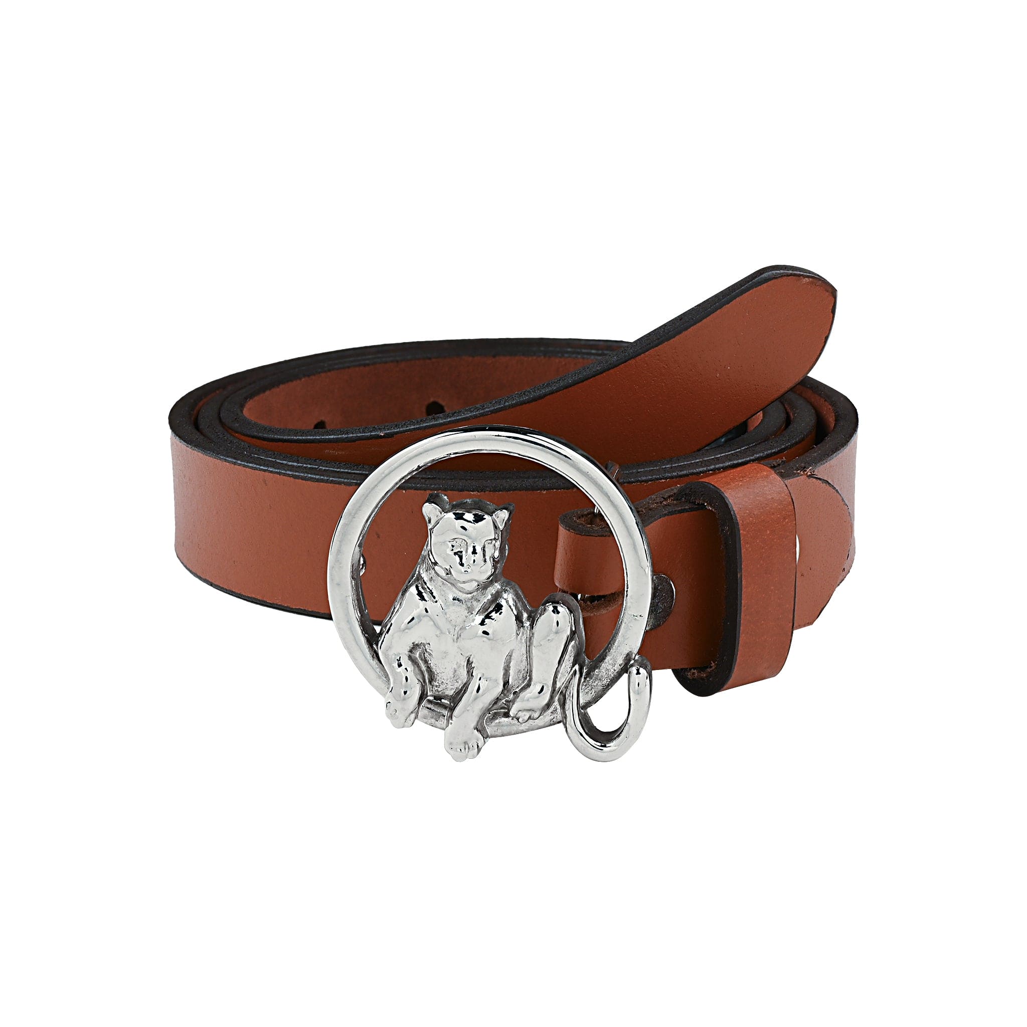 Slim Leather Belt with Silver Plated Leopard Tree Bark Ring Buckle