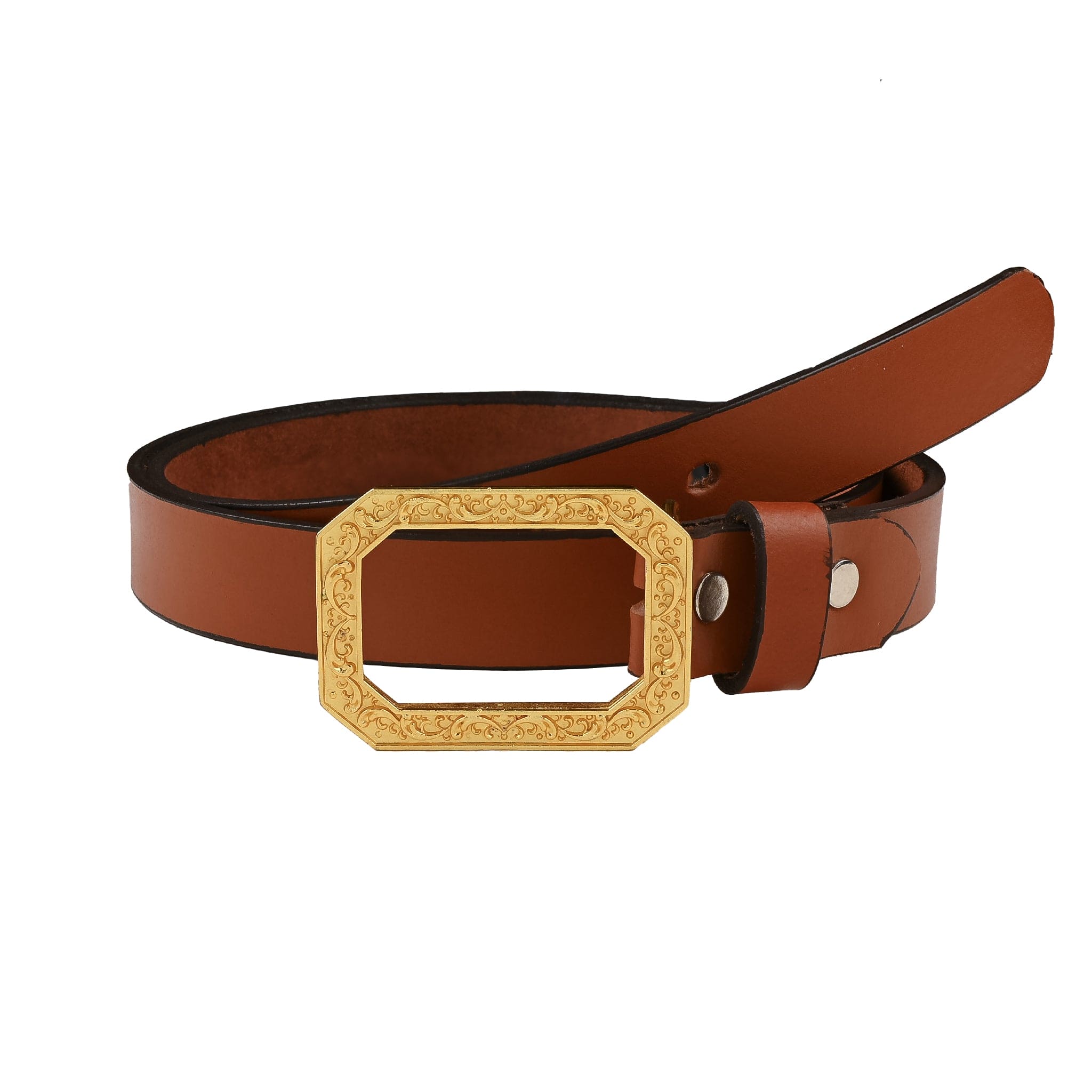 Handcrafted Ornate Frame Gold Plated Buckle with Leather Belt