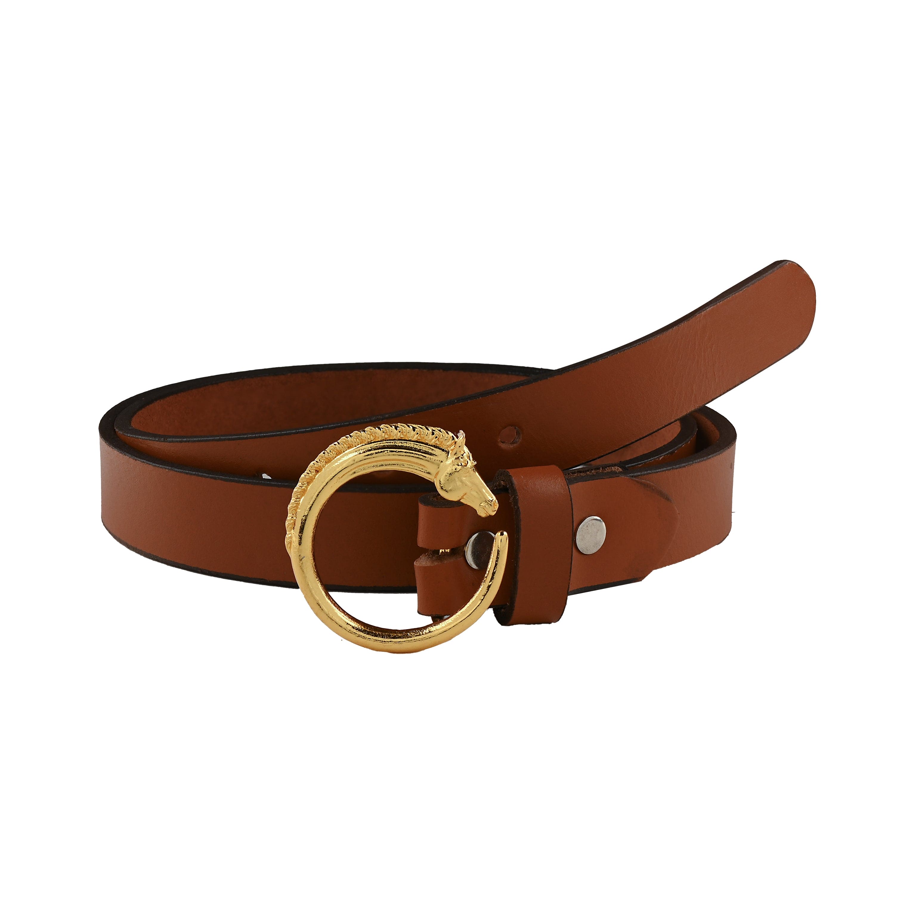 Equestrian Leather Belt with Horse Head Round Gold Plated Buckle