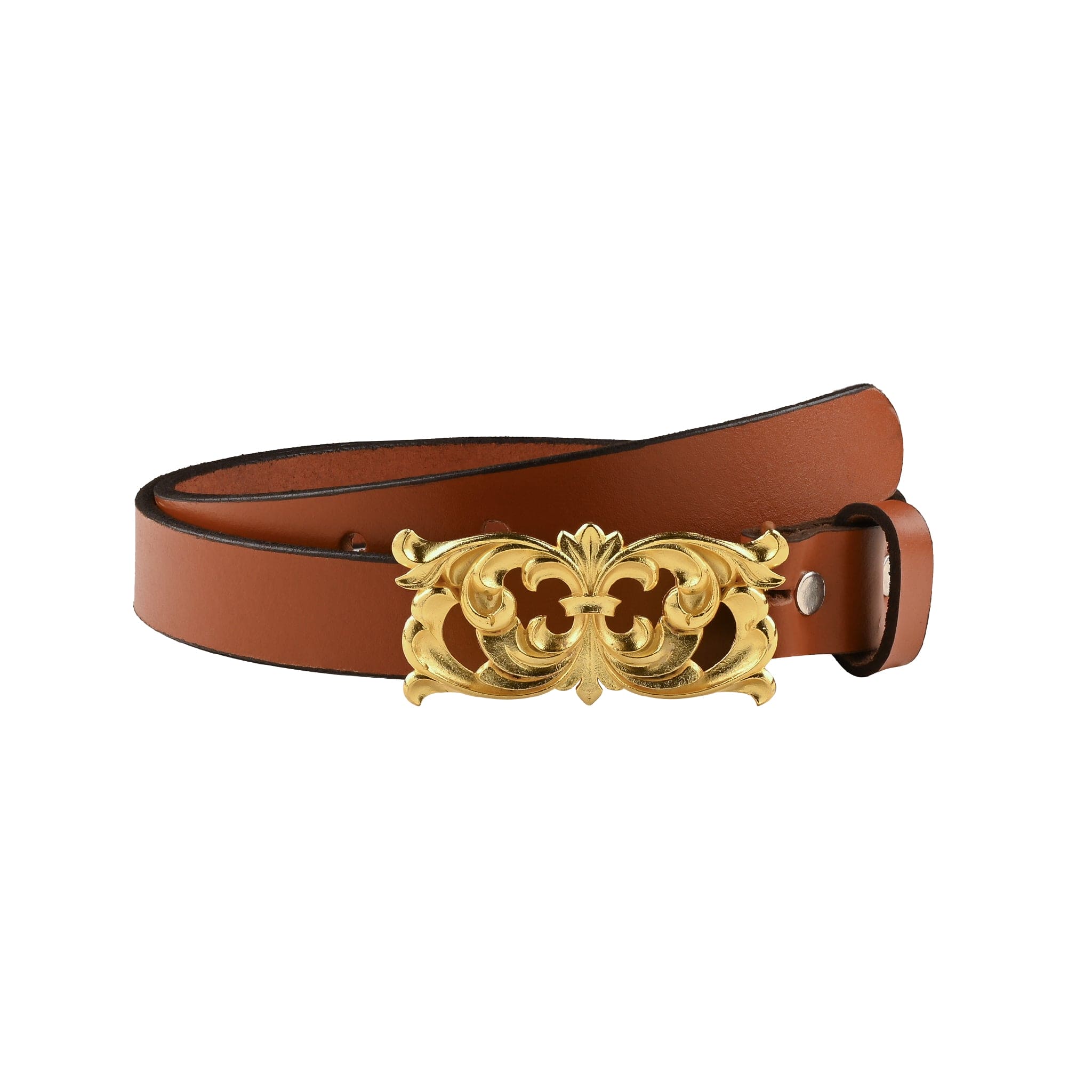 Handcarved Gold Plated Filigree Motif Buckle with Slim leather Belt