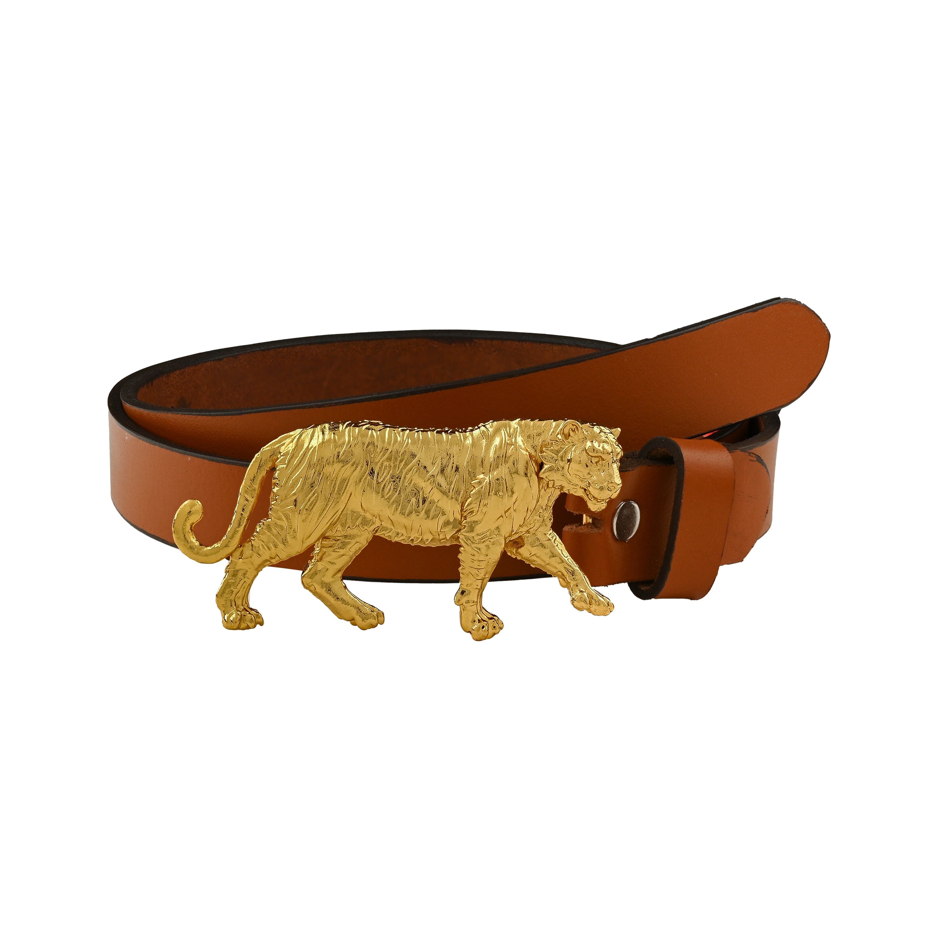Brown leather belt with a gold tiger buckle on a white background