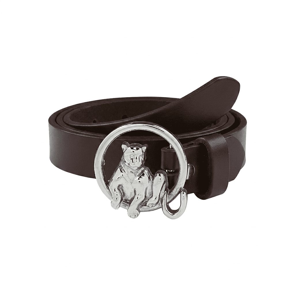 Slim Leather Belt with Silver Plated Leopard Tree Bark Ring Buckle