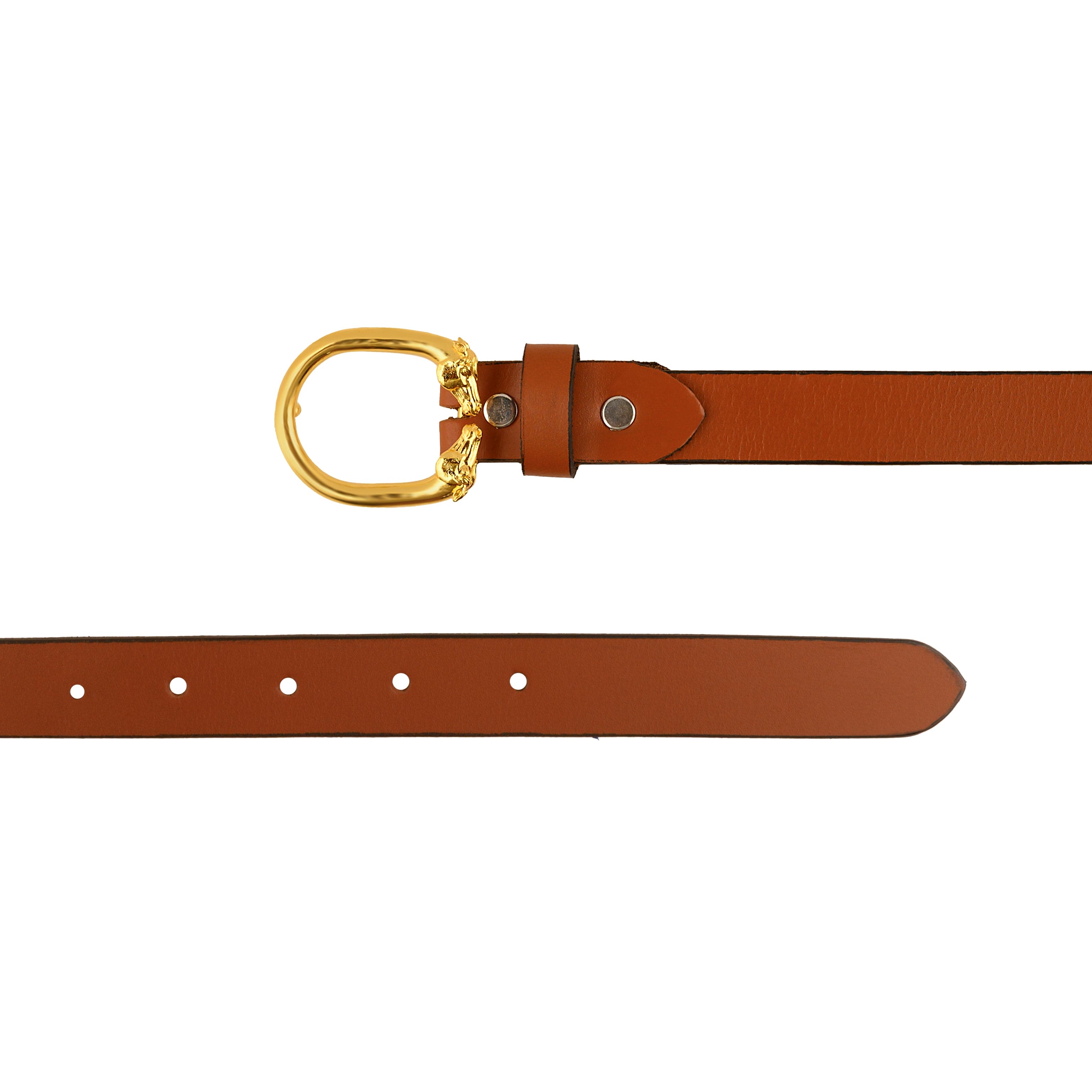 Vintage Leather Belt with Dual Horse Head Oval Gold Plated Buckle