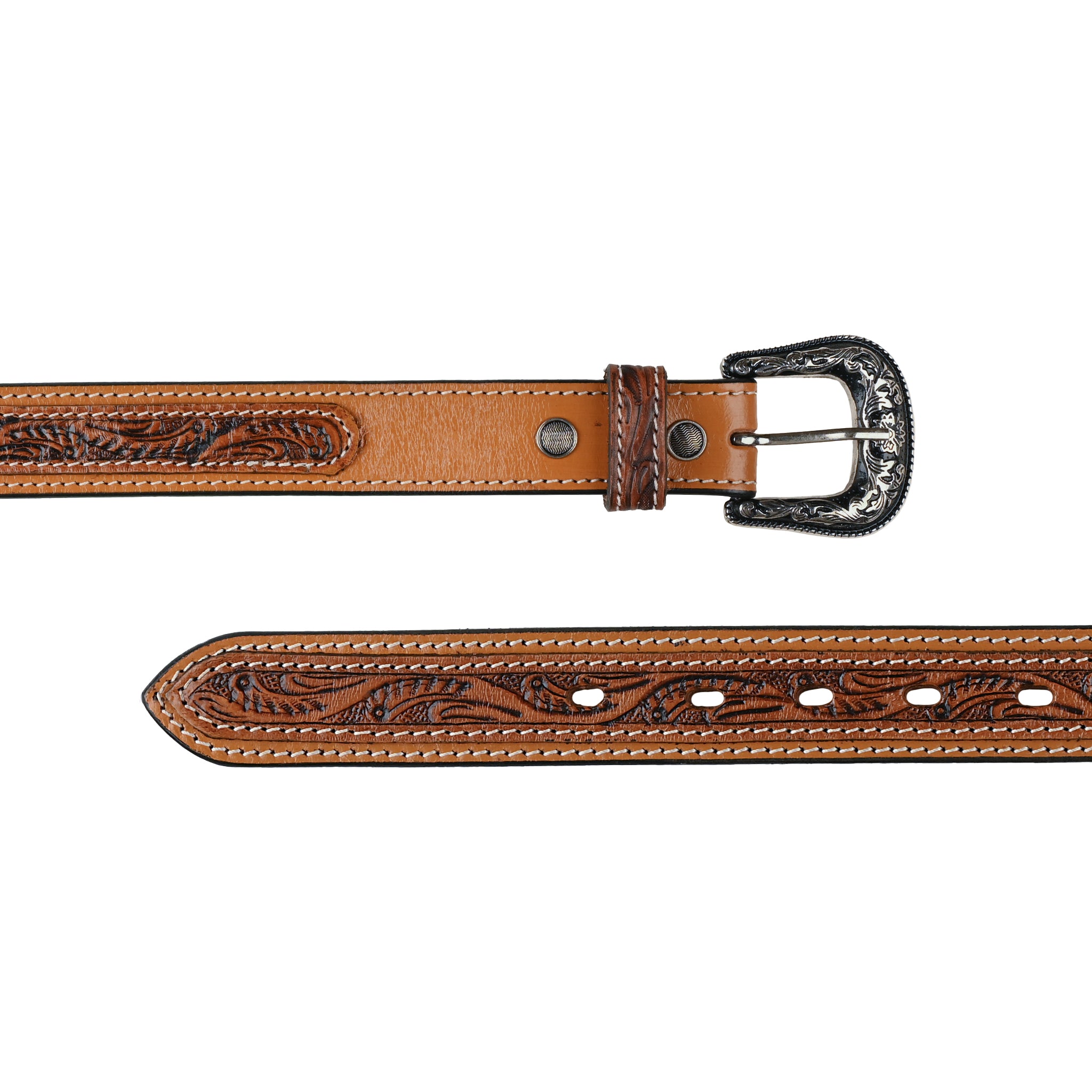 Women's Hand Tooled Tan Leather Belt Silver Floral Buckle Western