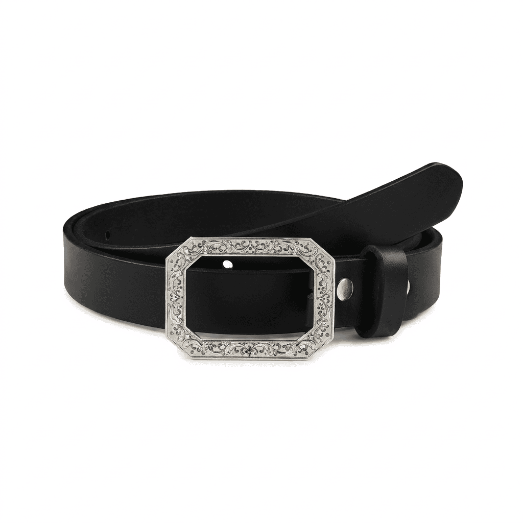 Handcarafted Ornate Frame Silver Plated Buckle with Leather Belt