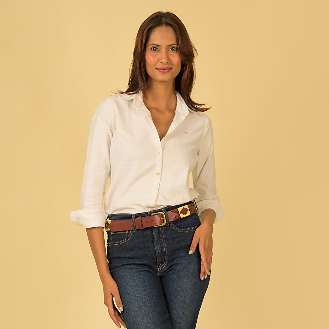 Brown Leather Handmade Polo Gaucho Belt Diamond Pattern Brass Buckle