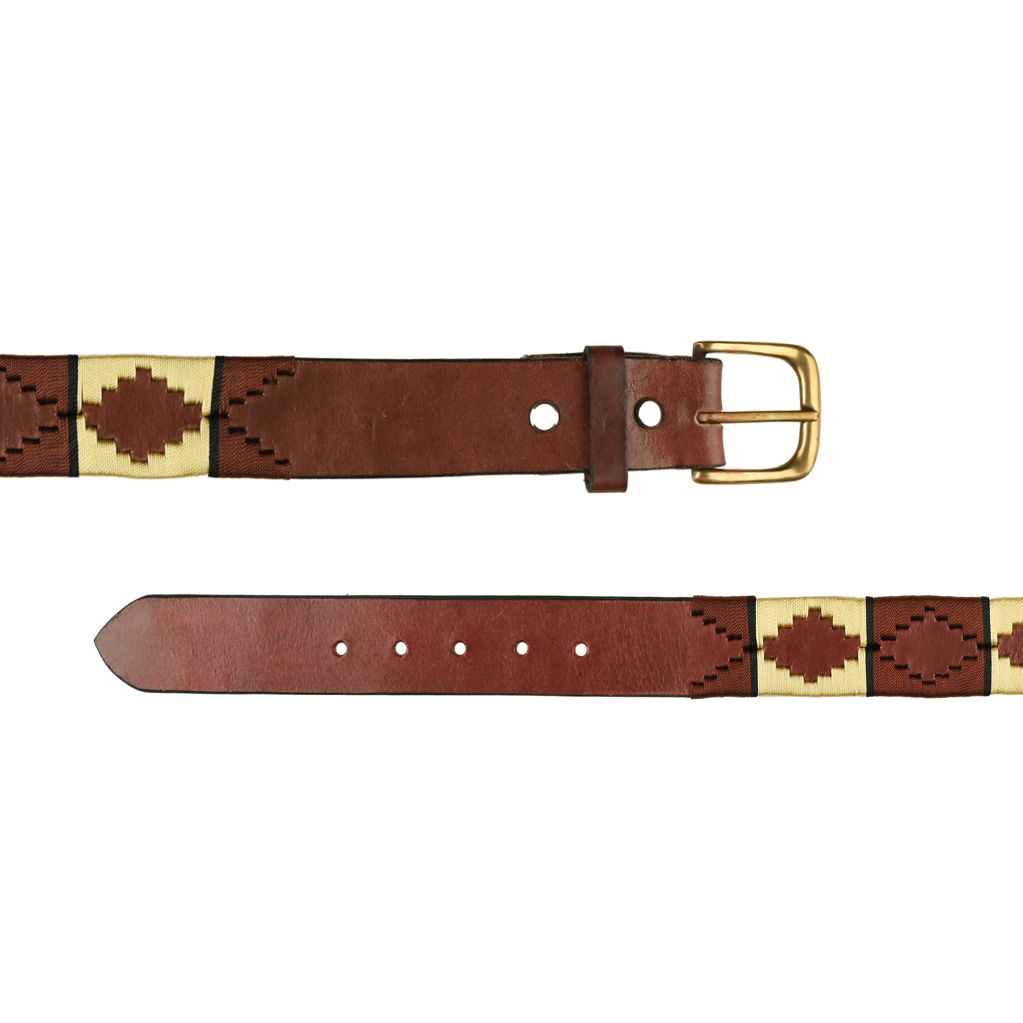 Brown Leather Handmade Polo Gaucho Belt Diamond Pattern Brass Buckle
