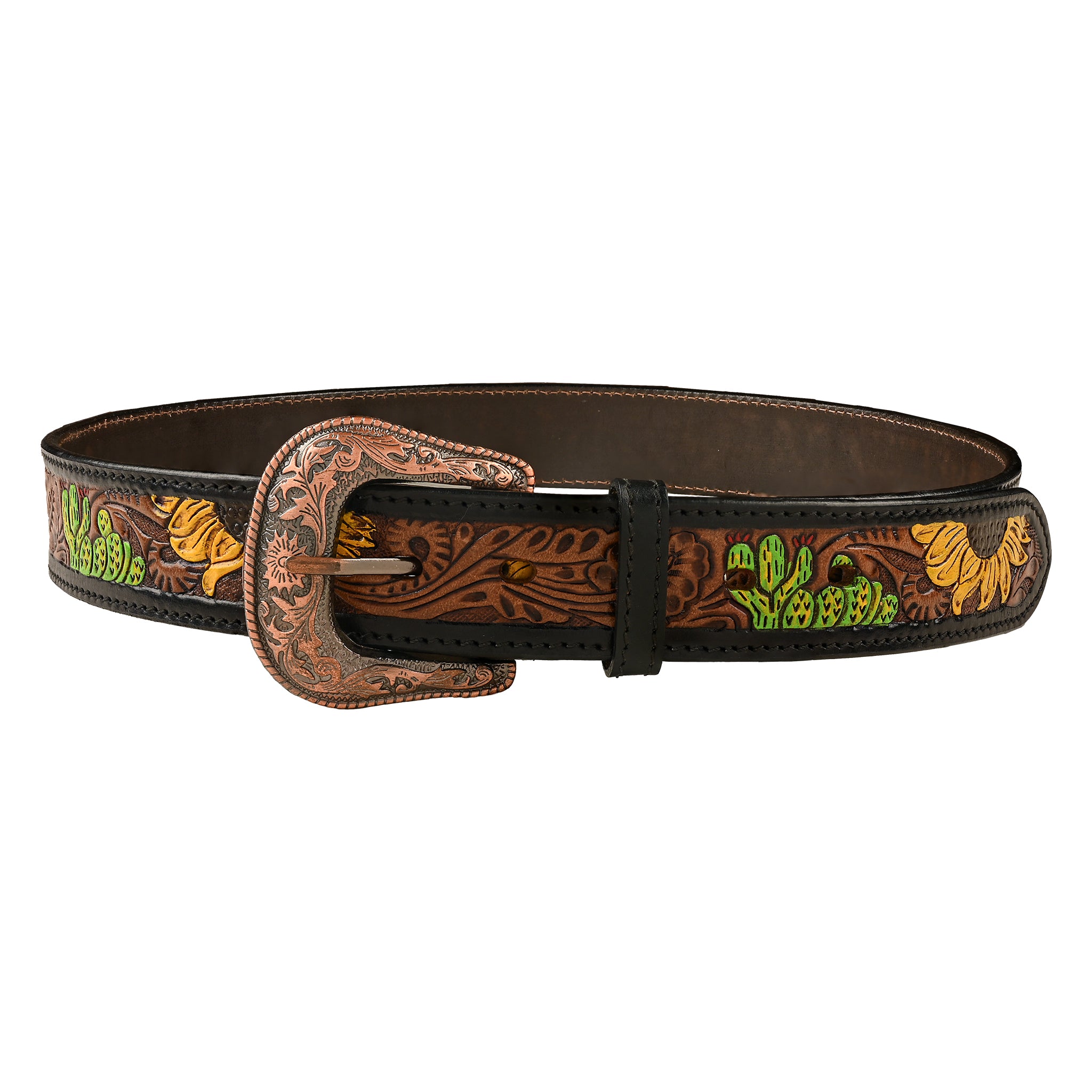 Boho Sunflower Tooled Women's Leather Belt with Copper Buckle