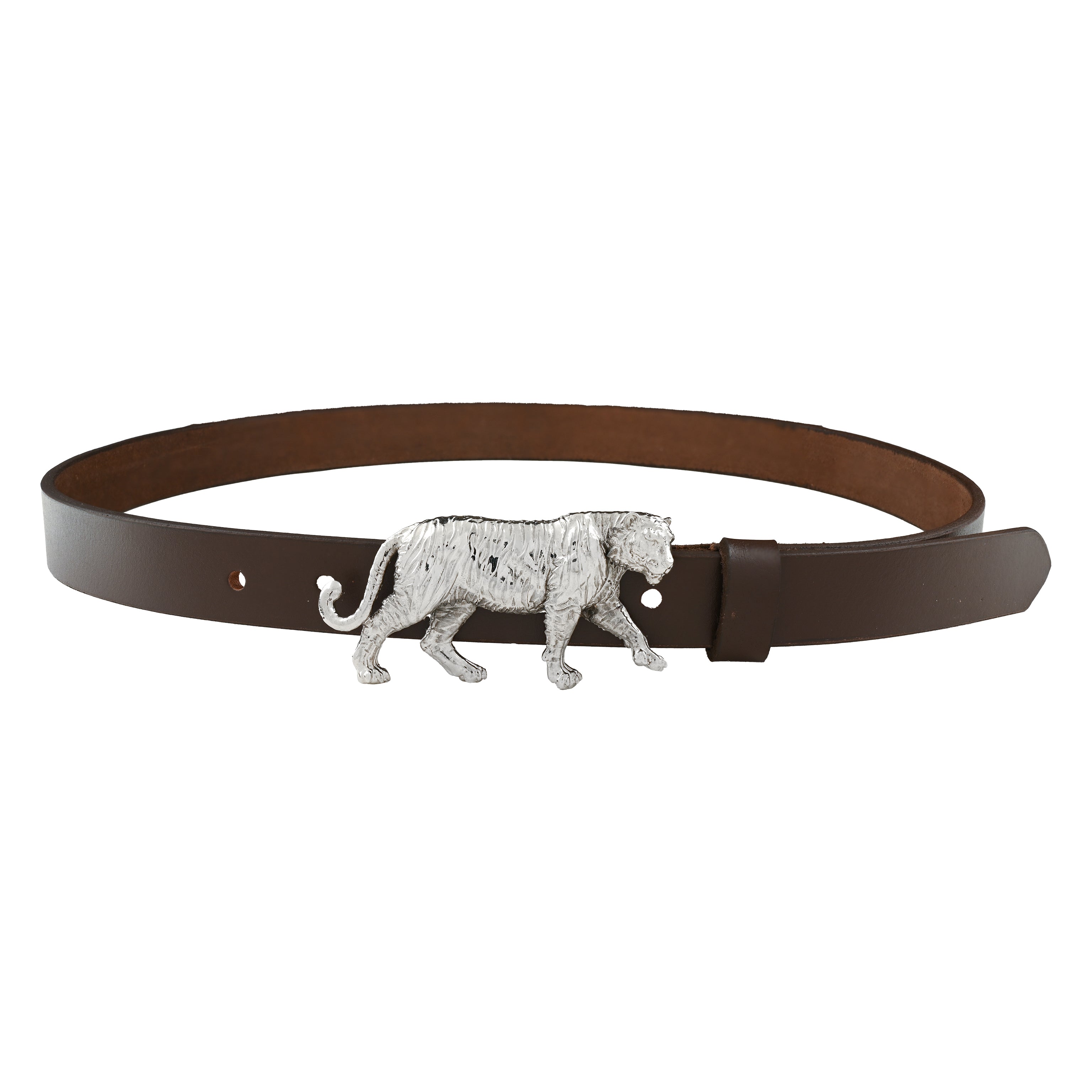 Handcrafted Tiger Motif Silver Plated Leather Belt