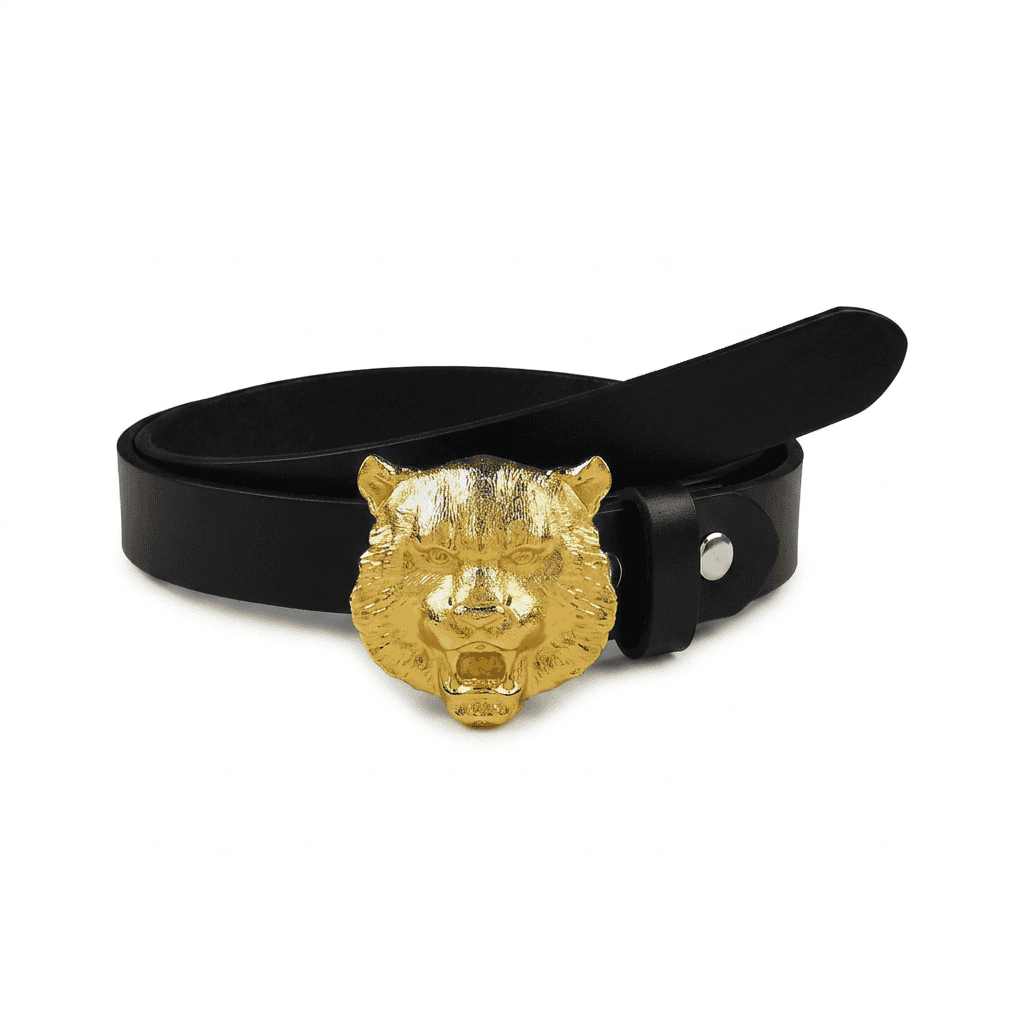 Handcrafted Leather Belt With Gold Plated Leopard Head Buckle
