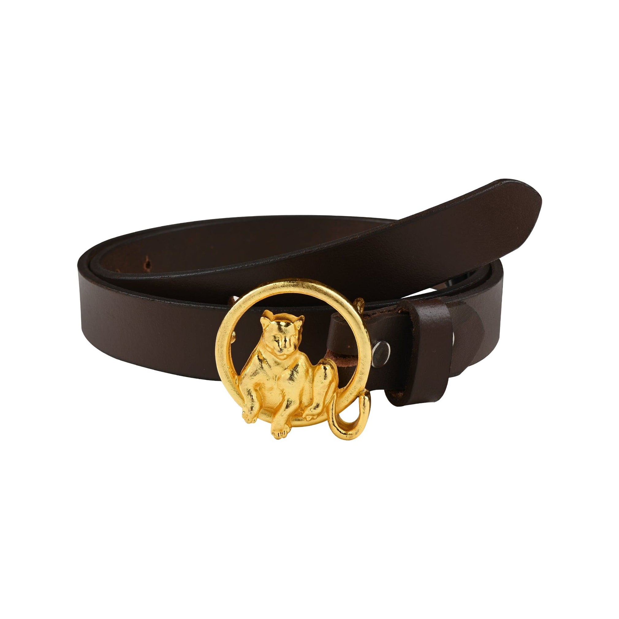 Slim Leather Belt with Gold Plated Leopard Tree Bark Ring Buckle
