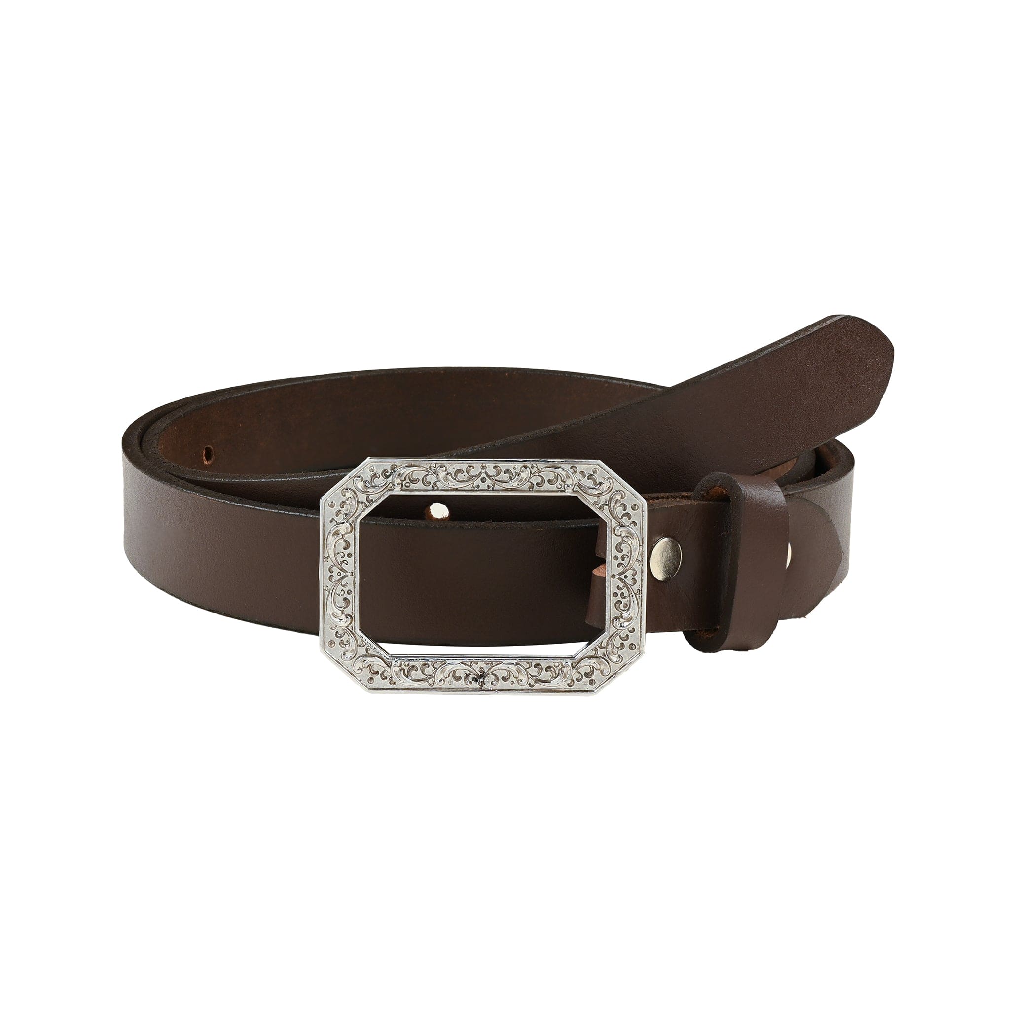 Handcarafted Ornate Frame Silver Plated Buckle with Leather Belt